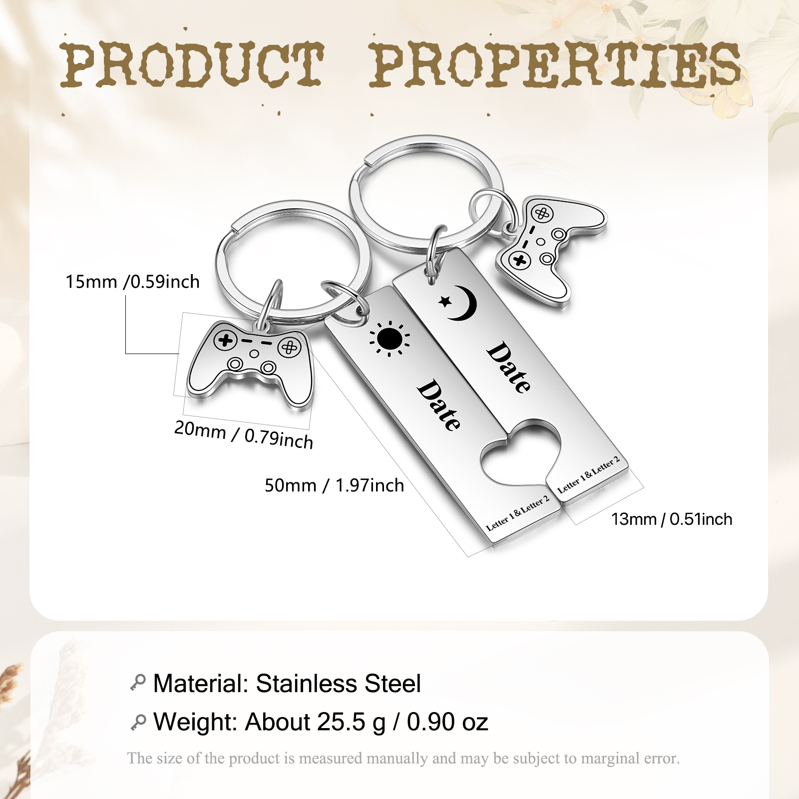 Porte-Clés 2 Lettres Personnalisées avec 1 Date Porte-Clés Lune et Soleil | Jessemade