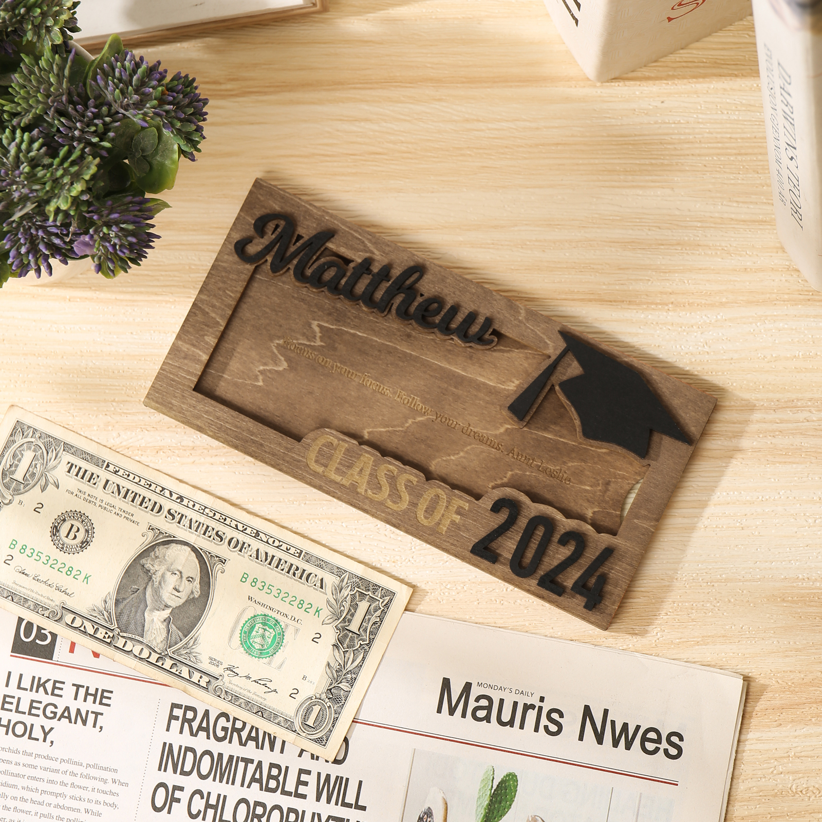 Porte-Cartes Diplômé en bois Prénom et Texte Personnalisés Cadeau de Graduation