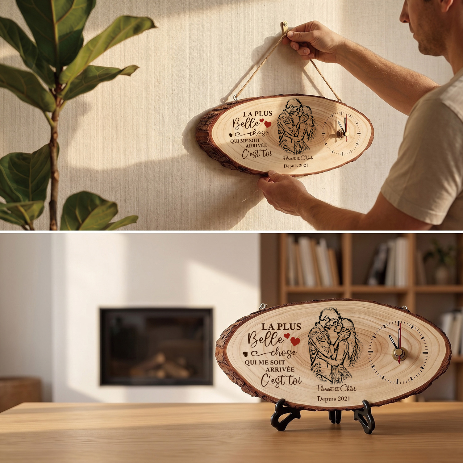 Horloge en Bois Personnalisée Couple avec Photo, 2 Prénoms et Date – Cadeau pour Anniversaire ou Saint-Valentin