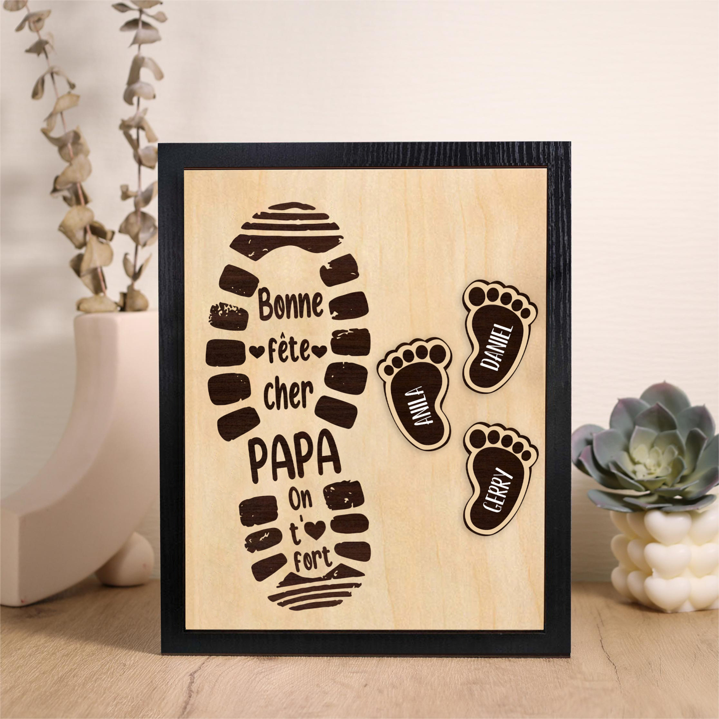 À Mon Papa-Cadre en Bois Pieds Bébé 3 Prénoms Personnalisés