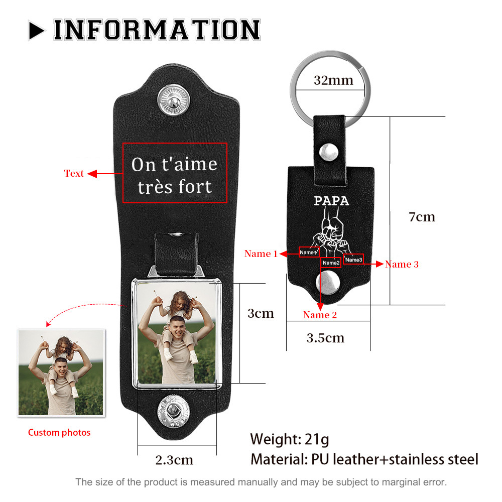 À mon Papa - Porte-Clés Cuir Poings 3 Prénoms Personnalisés avec Photo et Texte