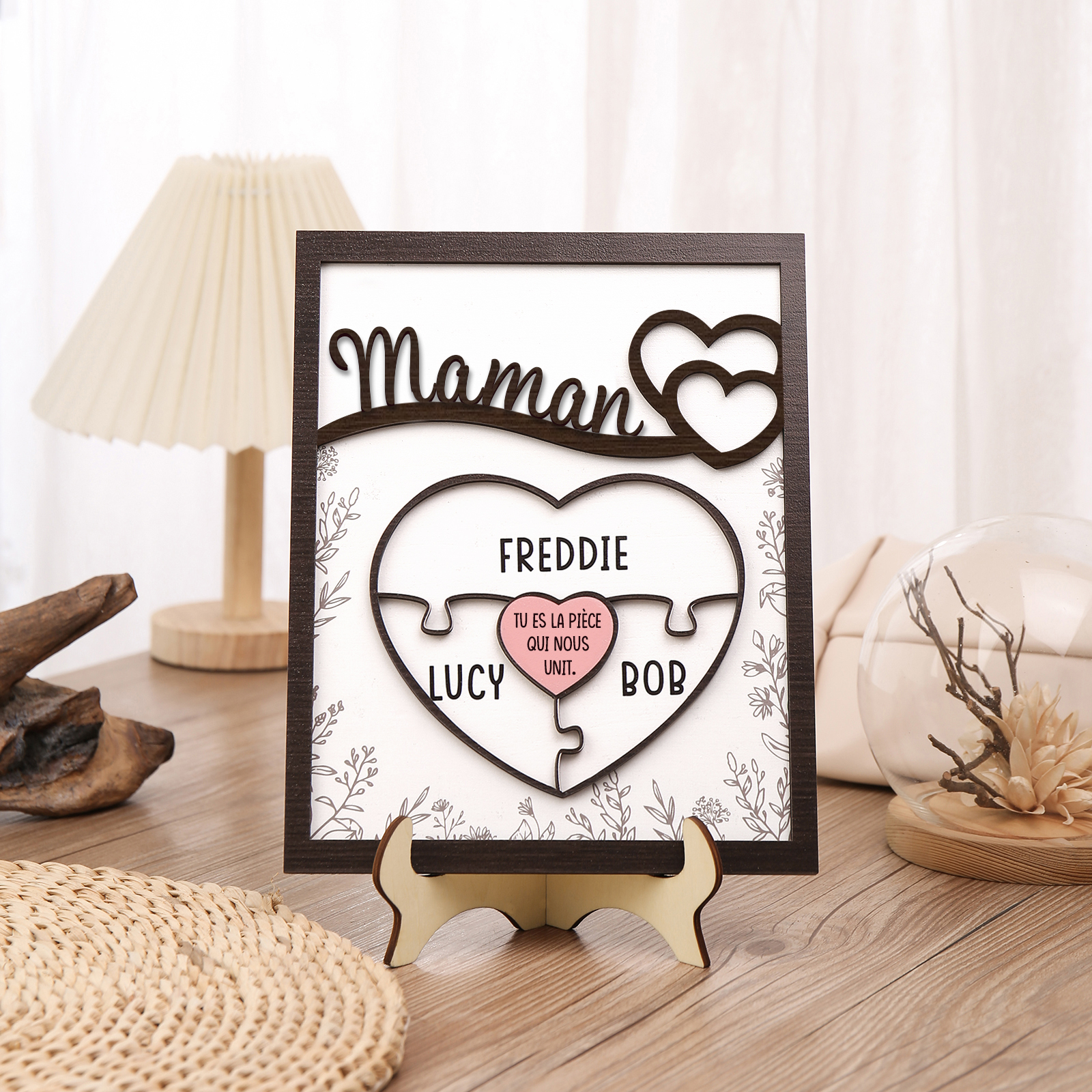 À ma Maman - Décoration en bois Cœur et Puzzle 3 Prénoms Personnalisés Ornement pour Famille
