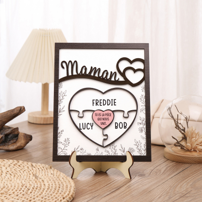 À ma Maman - Décoration en bois Cœur et Puzzle 3 Prénoms Personnalisés Ornement pour Famille