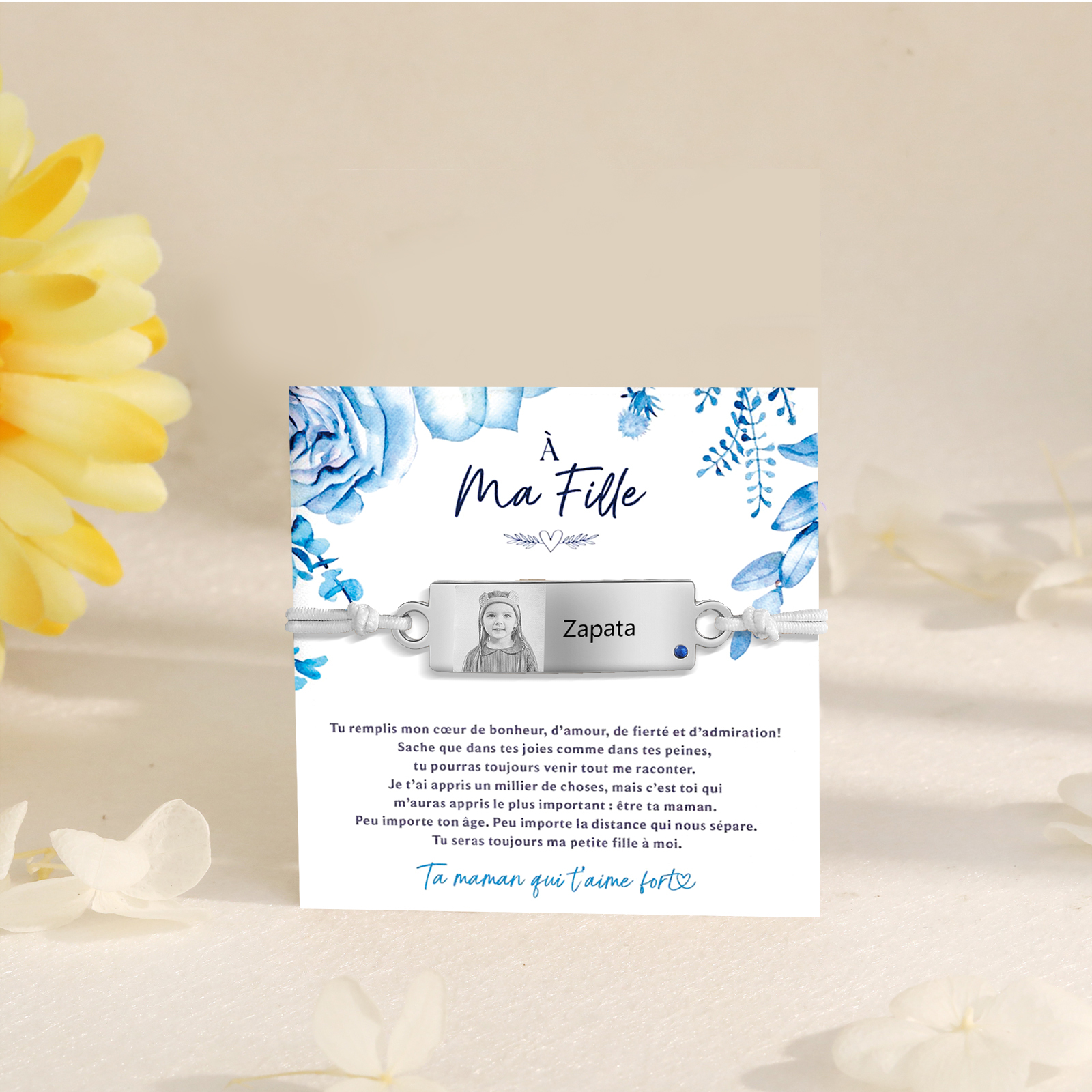 À Ma Fille - Bracelet Prénom et Photo Personnalisés avec Pierre de Naissance Corde élastiques - Cadeau Rentrée Scolaire
