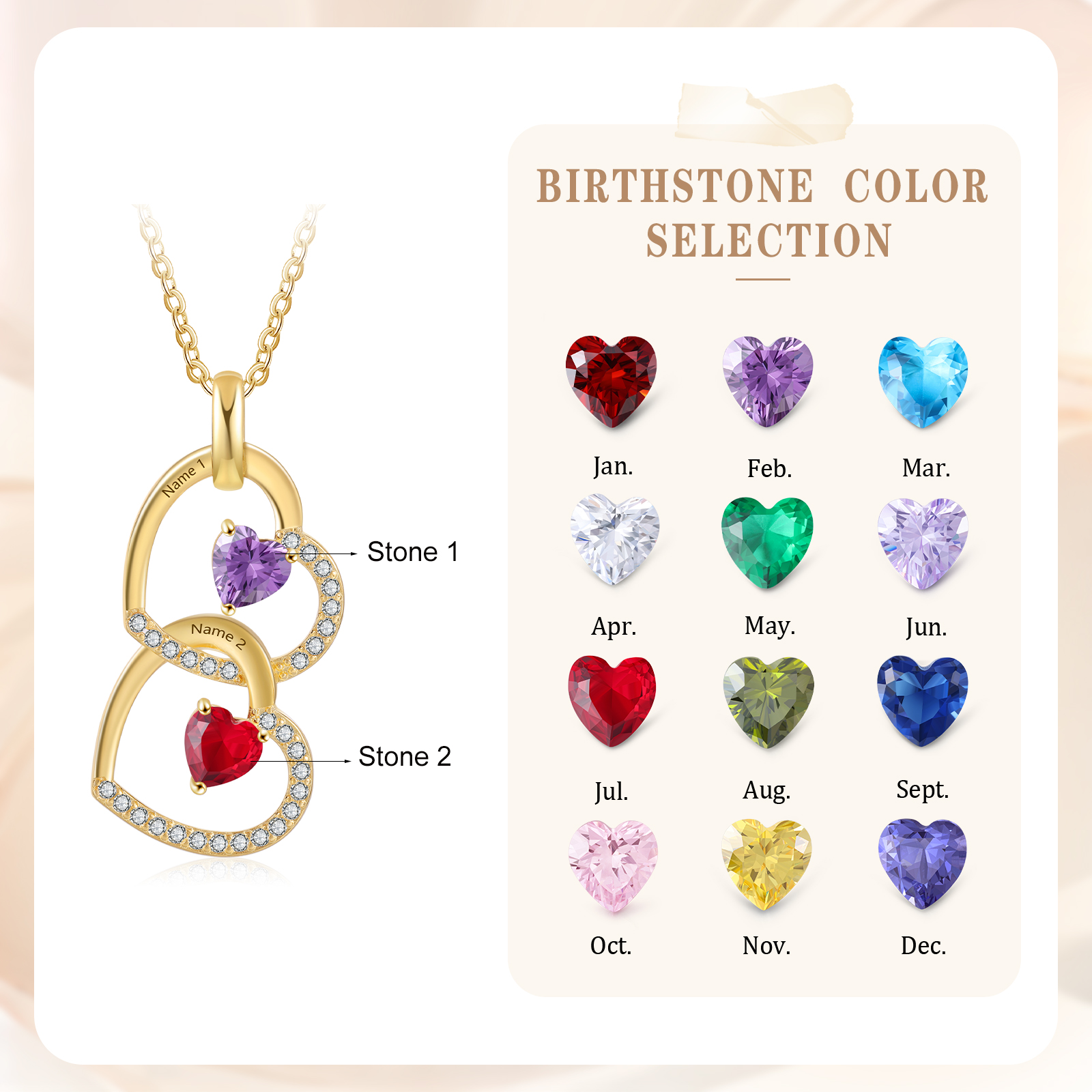 Collier Coeur Pendentif 2 Prénom Personnalisé avec Pierre de naissance｜Jessemade