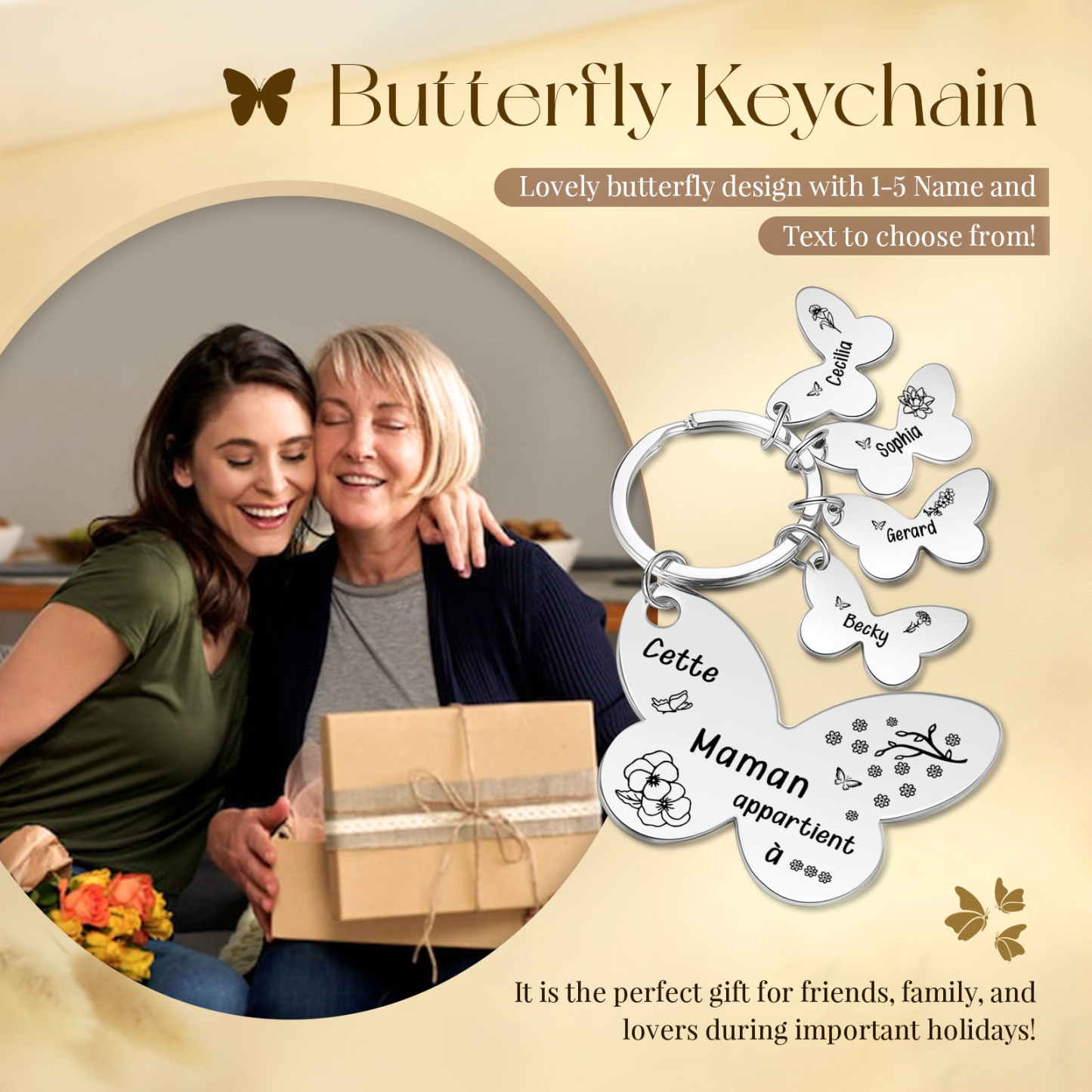 À Maman/Mamie - Porte-Clés Papillon 4 Prénoms et Fleurs de Naissance Personnalisés avec Texte