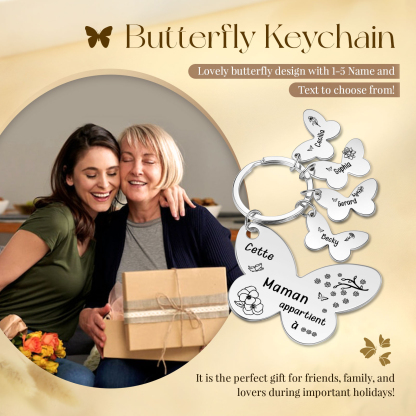À Maman/Mamie - Porte-Clés Papillon 4 Prénoms et Fleurs de Naissance Personnalisés avec Texte 