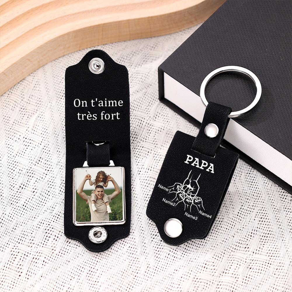 À mon Papa - Porte-Clés Cuir Poings 4 Prénoms Personnalisés avec Photo et Texte