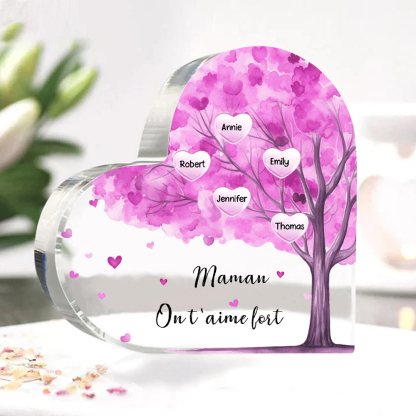 À ma Maman/Mamie - Plaque Acrylique Arbre en Forme de Cœur 5 Prénoms Personnalisés avec 1 Texte