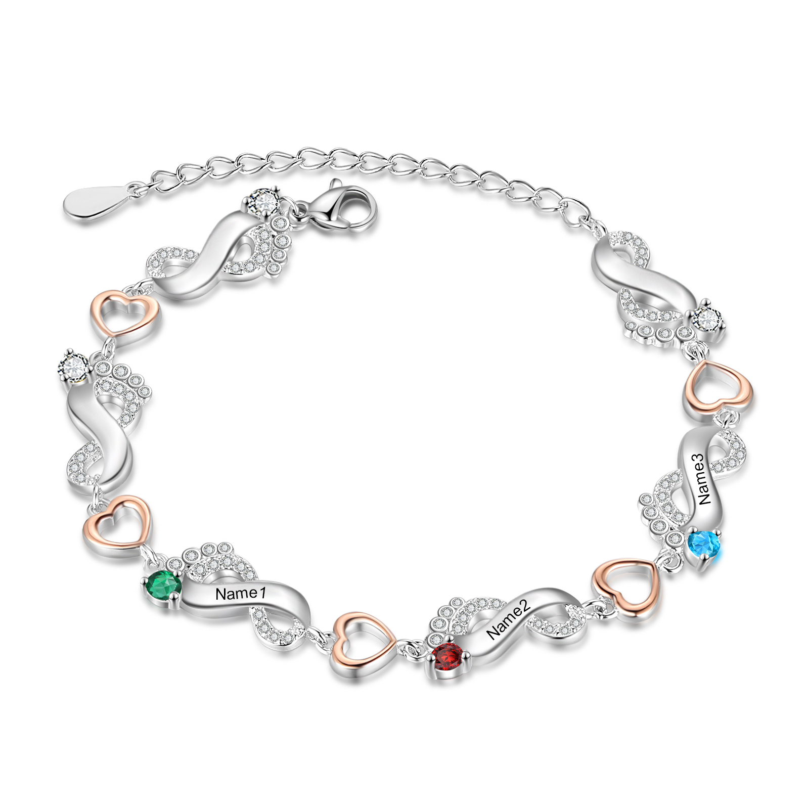 Bracelet Pied bébé et Cœur Personnalisé avec 3 Prénoms et Pierres de naissance Bracelet pour Femme | Jessemade
