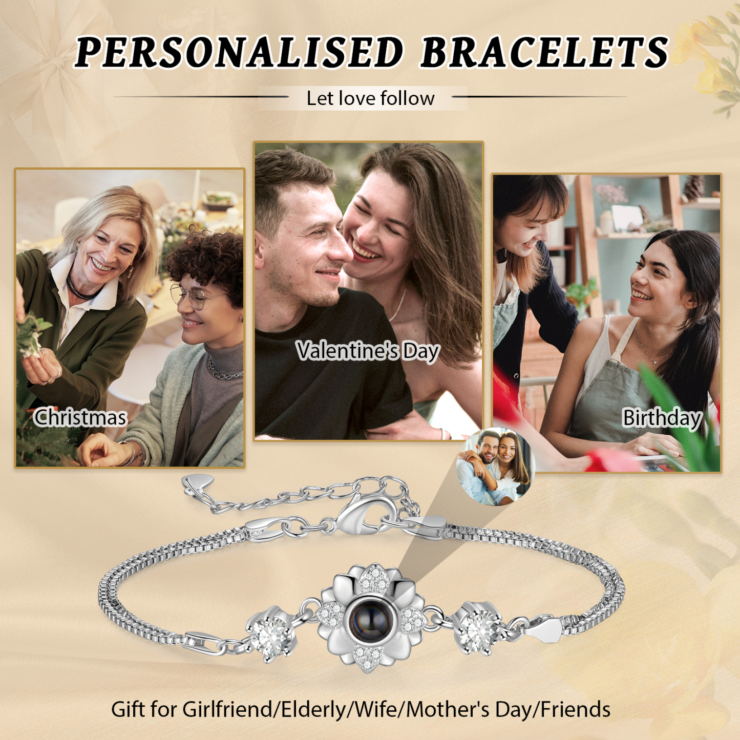 Bracelet Fleur Personnalisé avec Photo Bracelet Photo Projection Argent pour Femme｜ Jessemade