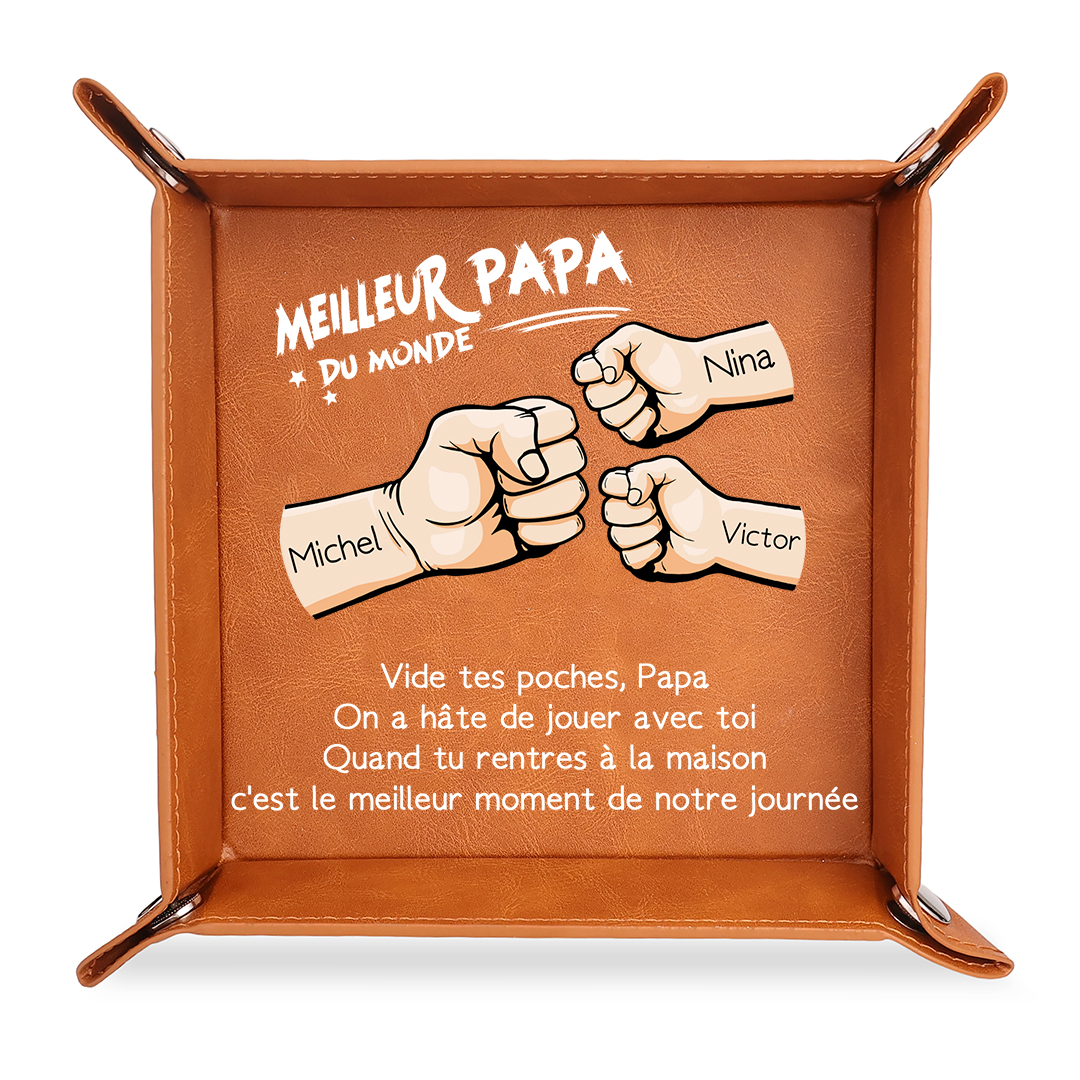 Vide-poche en cuir personnalisé pour papa avec 1 à 6 Prénoms et motif Poing