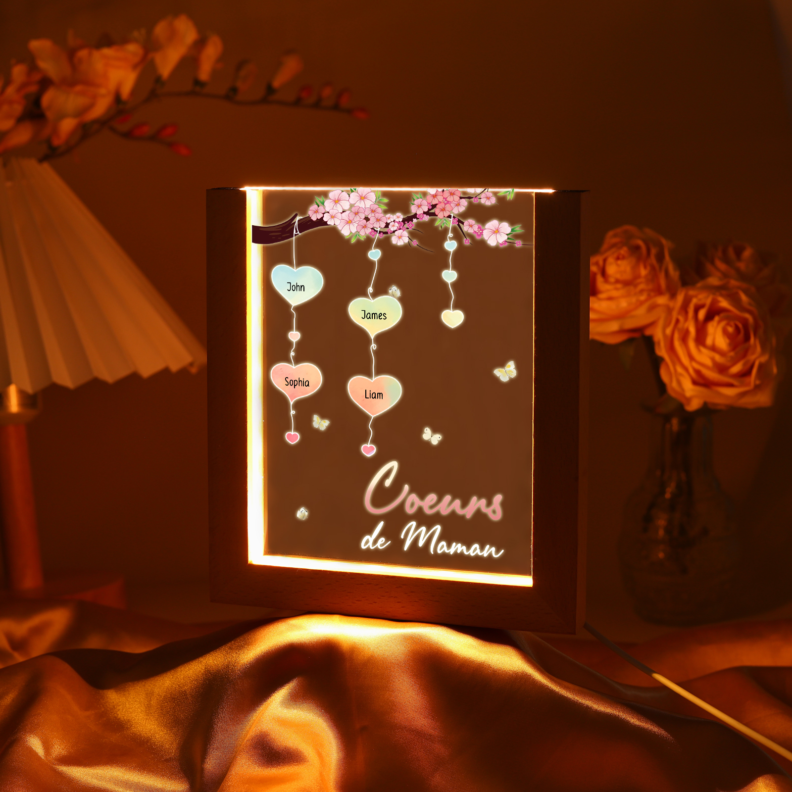 À Maman/Mamie - Lampe de chevet LED Arbre 4 Prénoms Personnalisés avec 1 Texte