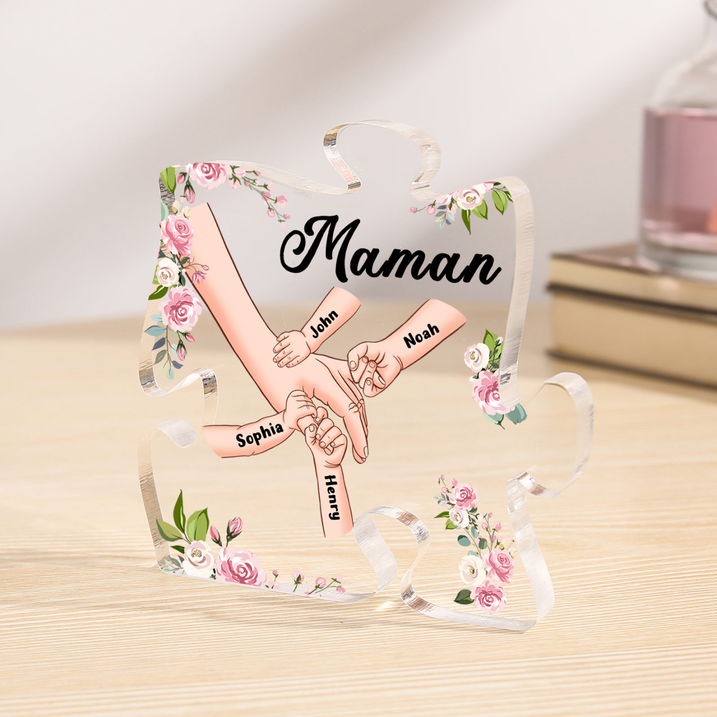 Plaque Acrylique en forme de Puzzle la main dans la main 4 Prénoms et 1 Texte Personnalisés