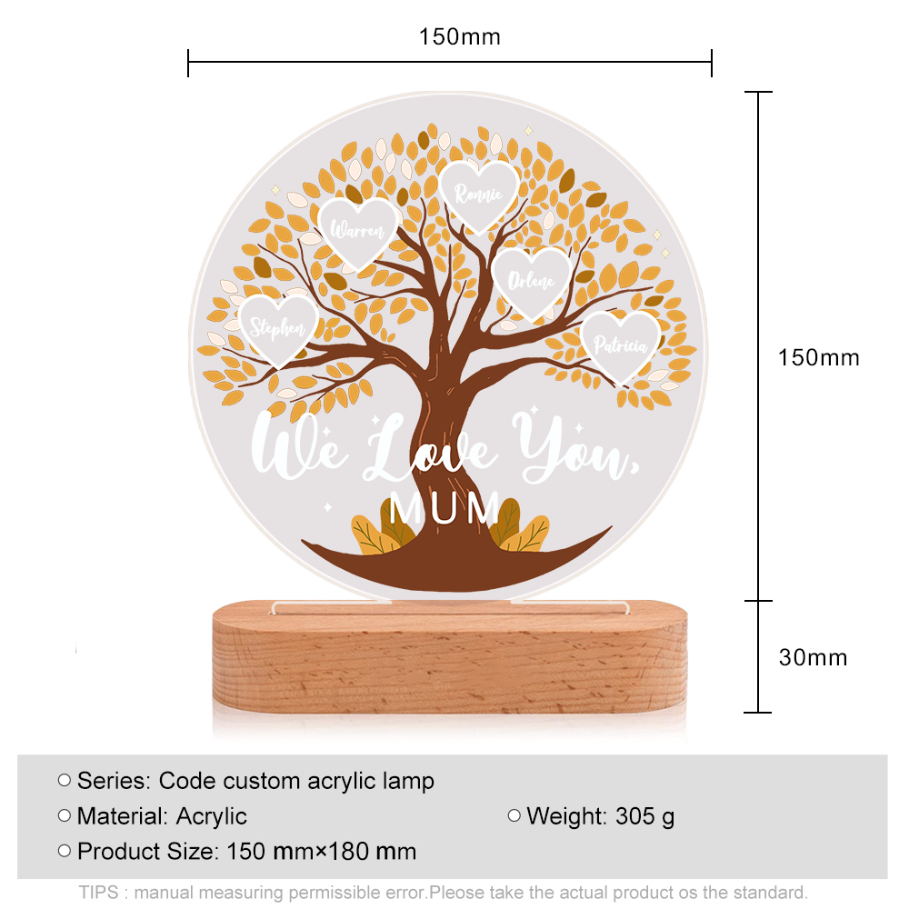 Lampe de chevet Arbre de Vie LED Lumières 5 Prénoms et 1 Texte Personnalisés pour Famille
