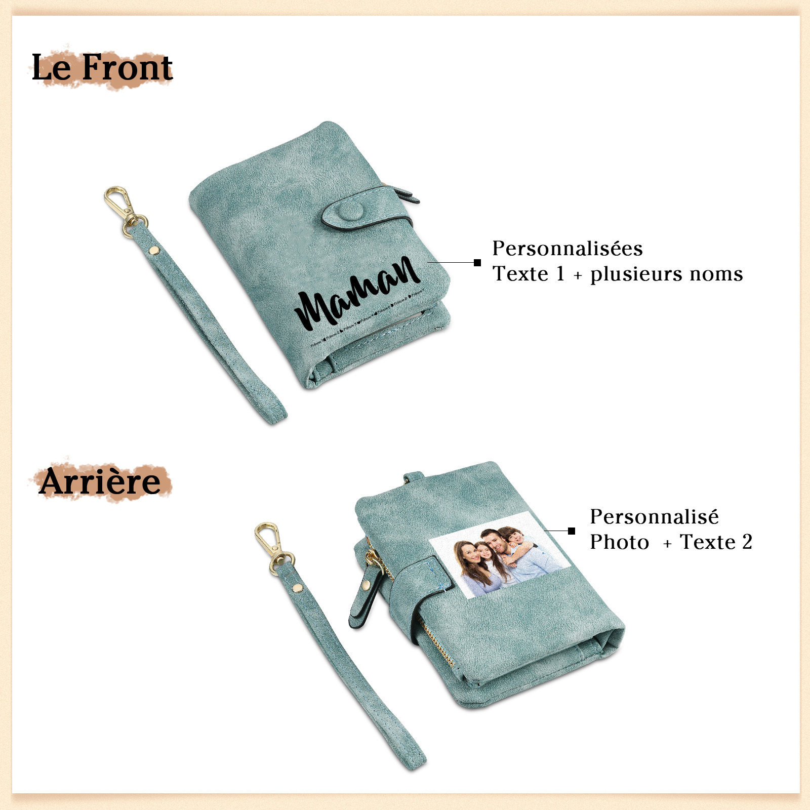 Portefeuille Femmes 7 Prénoms et 2 Textes Personnalisés avec Photo Porte-Monnaie Carte