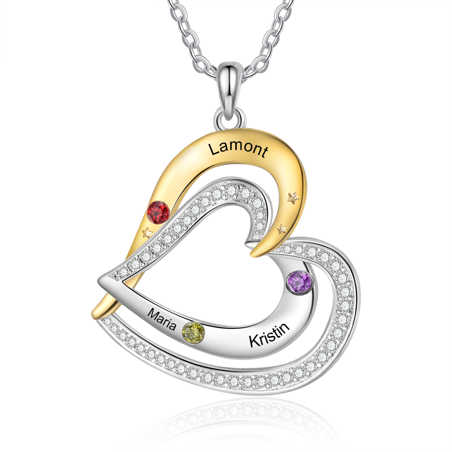 Collier Pendentif Cœur 3 Prénoms Personnalisés avec Pierre de Naissance Collier Femmes