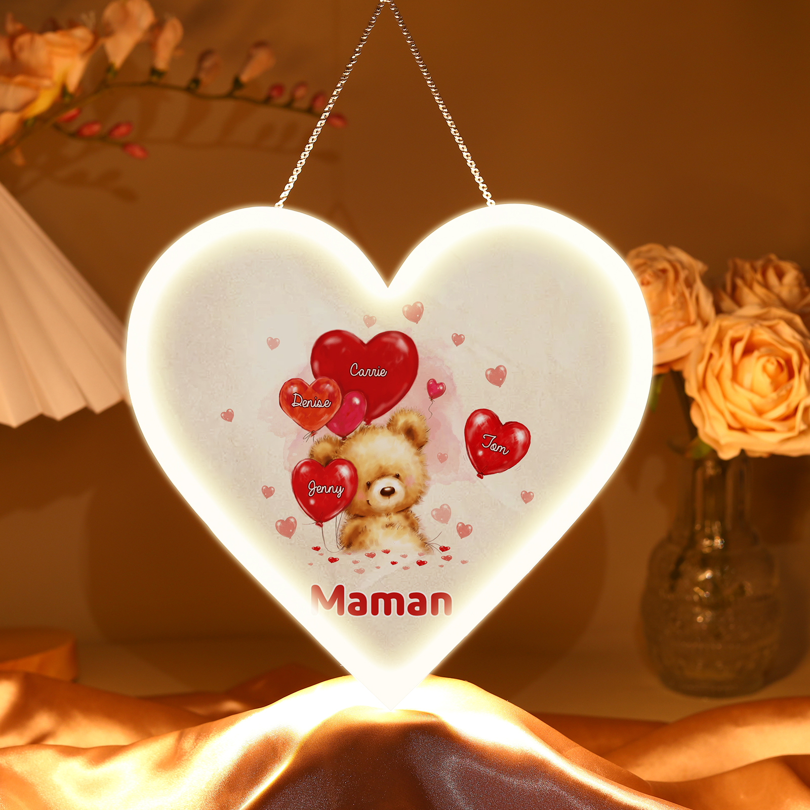 À Maman/Mamie - Veilleuse Cœur Décoration Ours 4 Prénoms Personnalisés avec 1 Texte