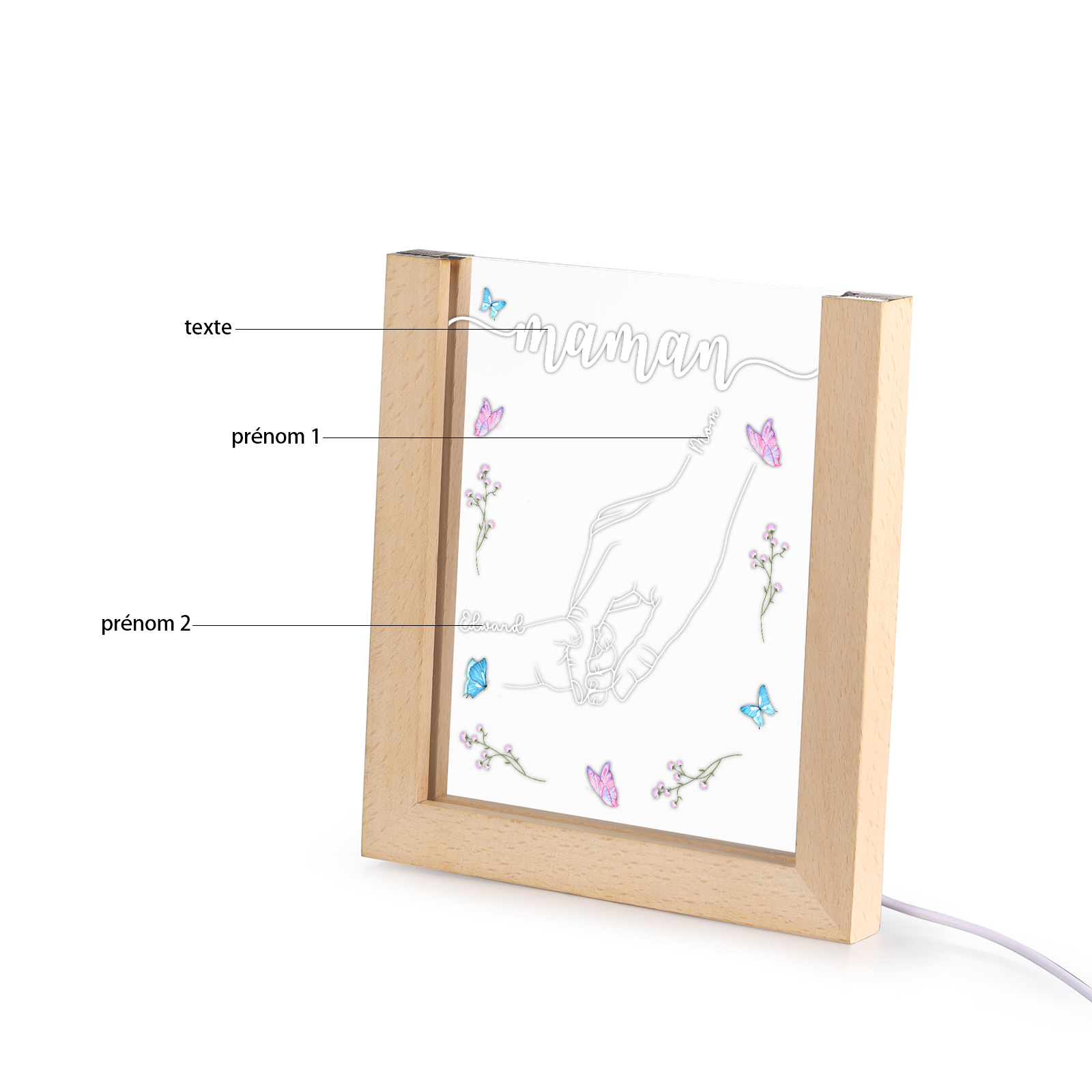 À Maman/Mamie - Lampe de chevet LED la Main dans la Main 2 Prénoms Personnalisés avec 1 Texte