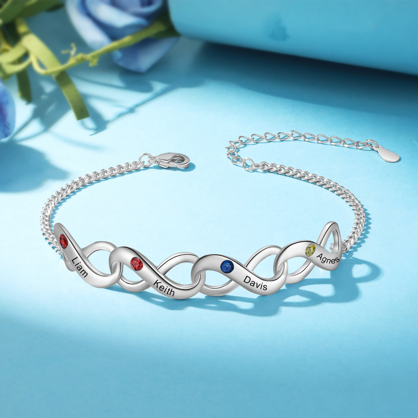 Bracelet Infini 4 Prénoms Personnalisés avec Pierres de Naissance pour Femme