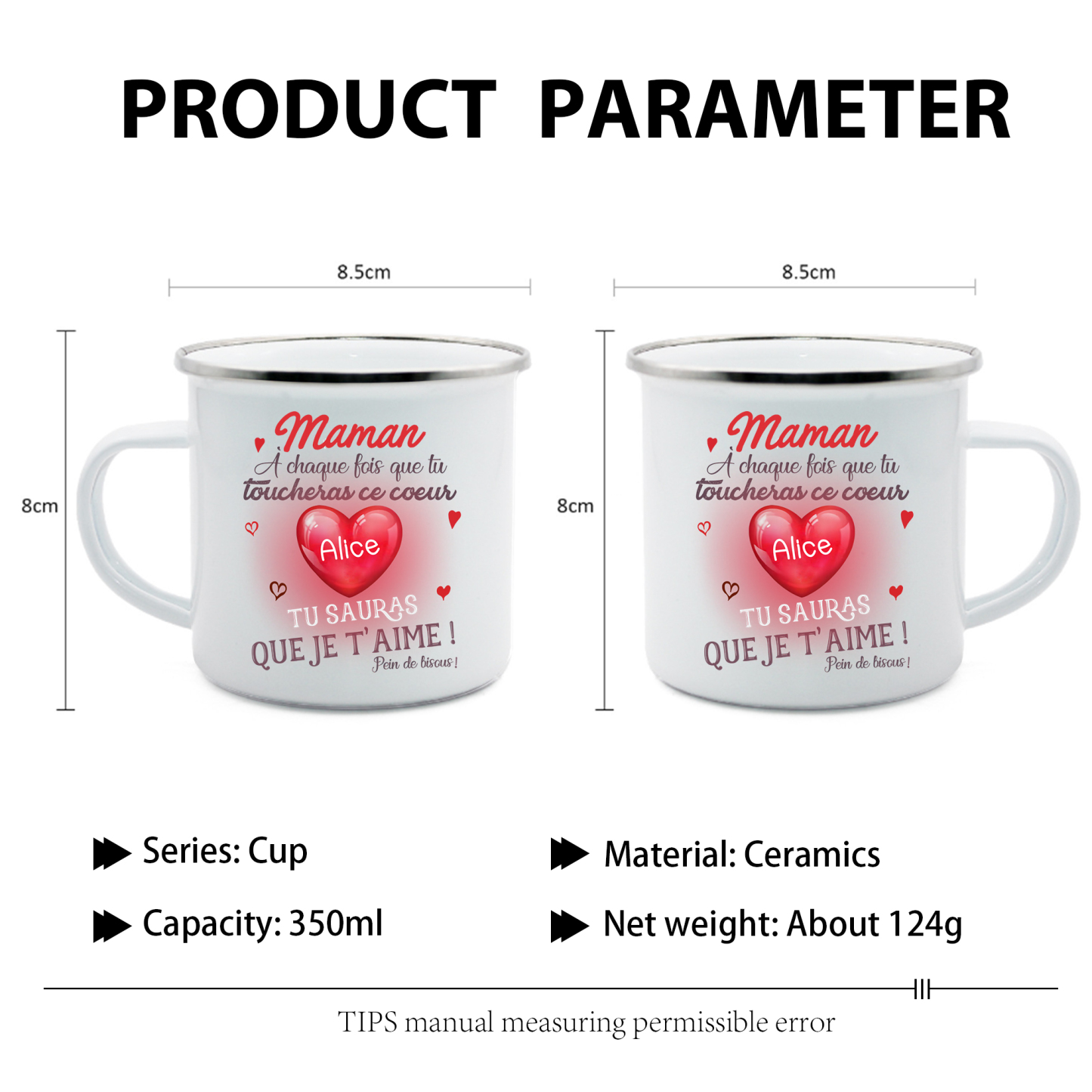 À ma Maman - Tasse émaillée Cœur 1 Prénom Personnalisé