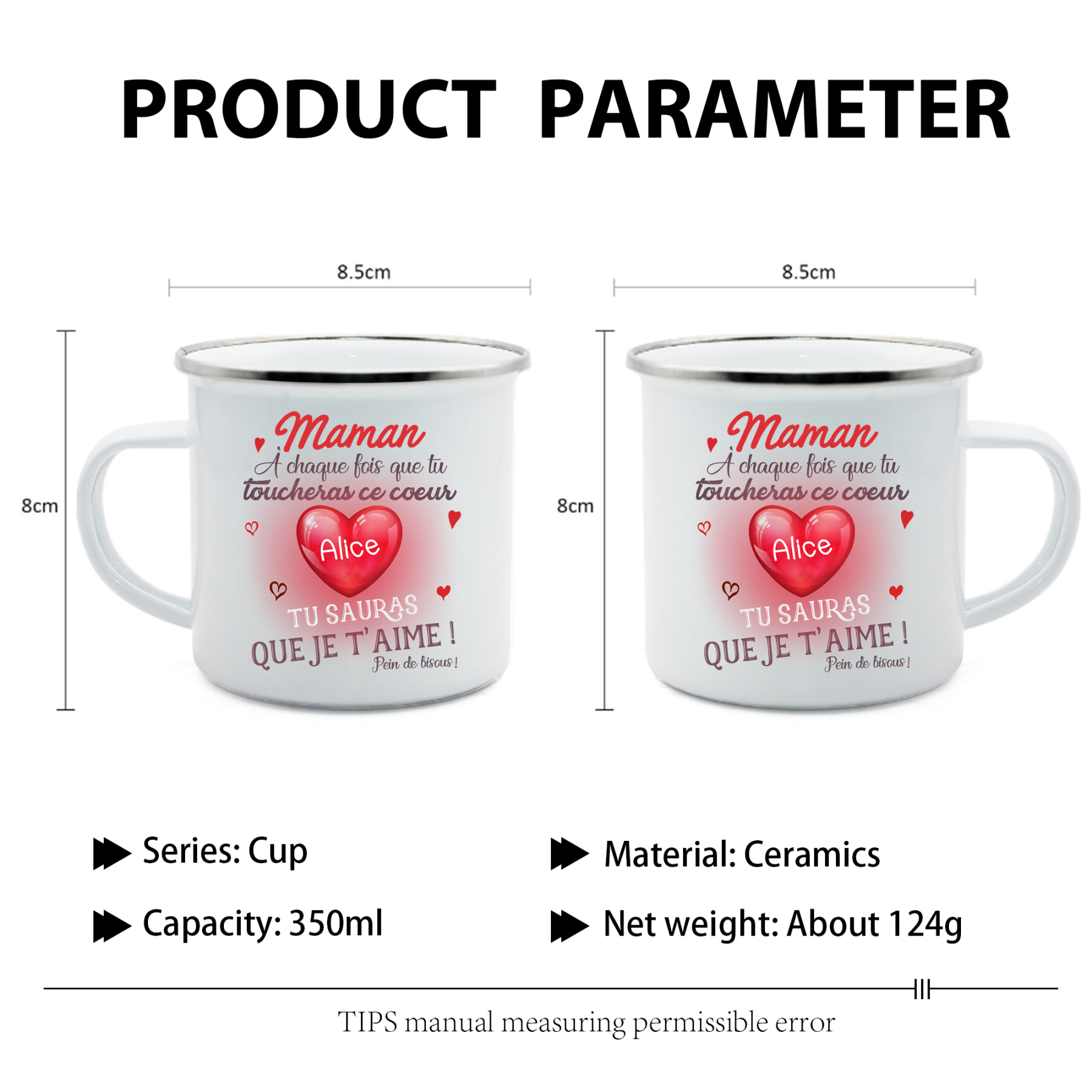 À ma Maman - Tasse émaillée Cœur 1 Prénom Personnalisé