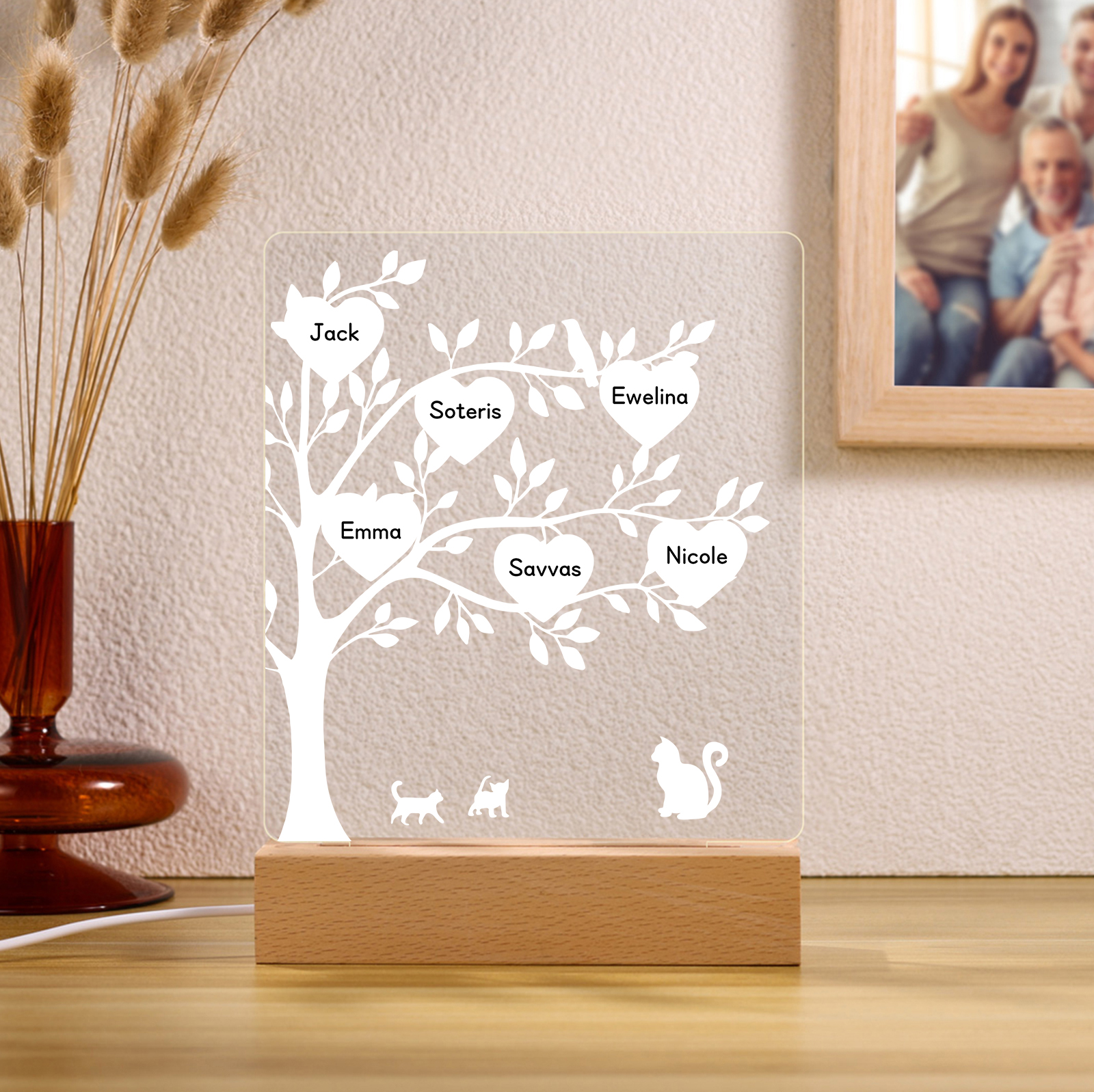 À Maman/Mamie - Lampe de chevet LED Arbre et Chat 6 Prénoms Personnalisés