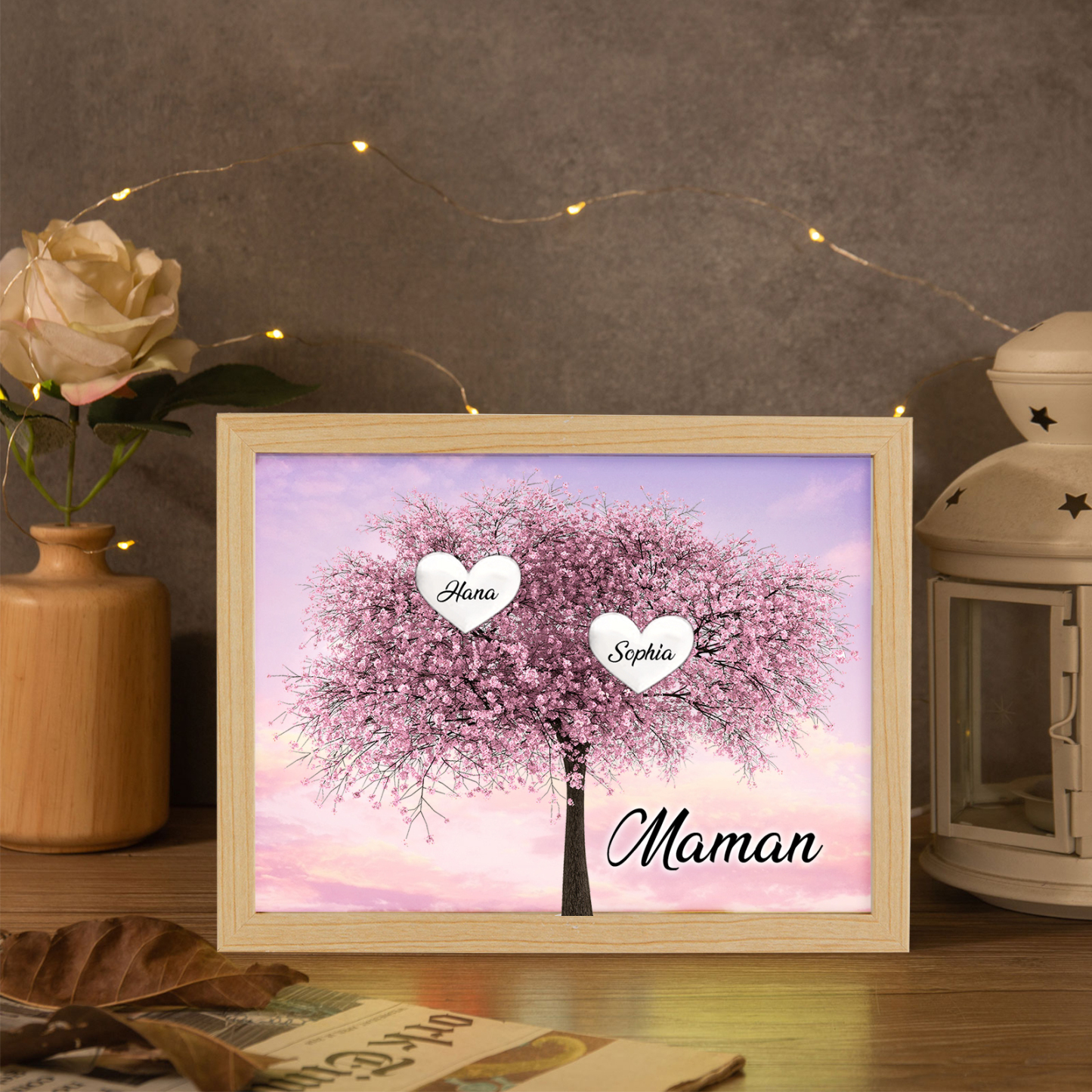 Cadre Photo LED Arbre de Vie 2 Prénoms et 1 Texte Personnalisé Décoration Famille