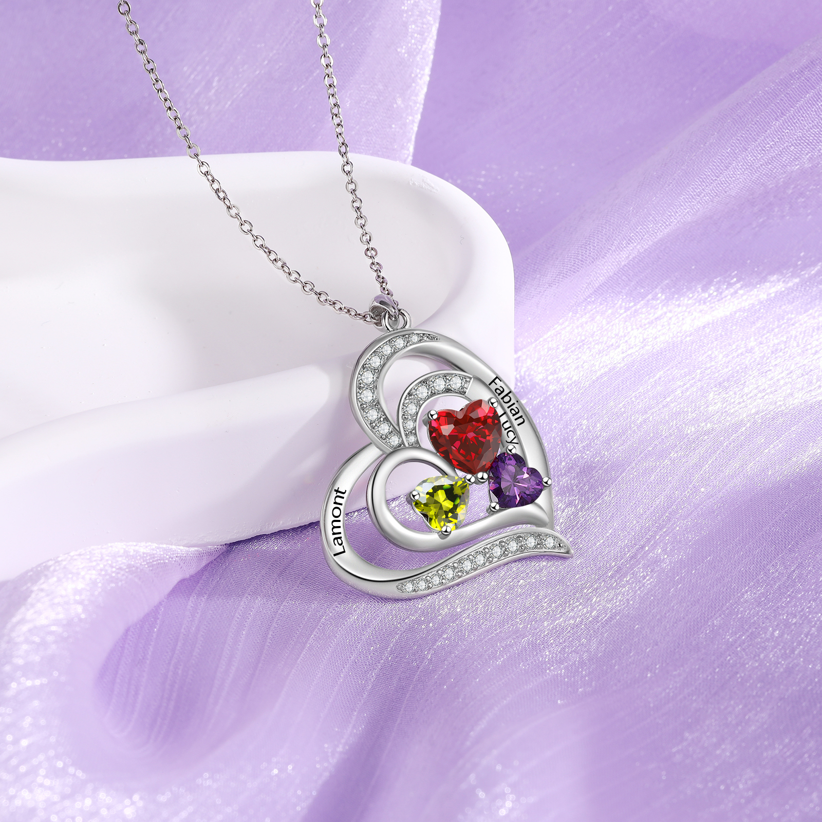 Collier Pendentif Cœur 3 Prénoms Personnalisés avec 3 Pierres de Naissance Collier Femmes