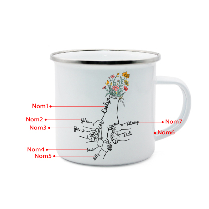 À Maman/Mamie - Tasse émaillée la Main dans la Main 7 Prénoms Personnalisés