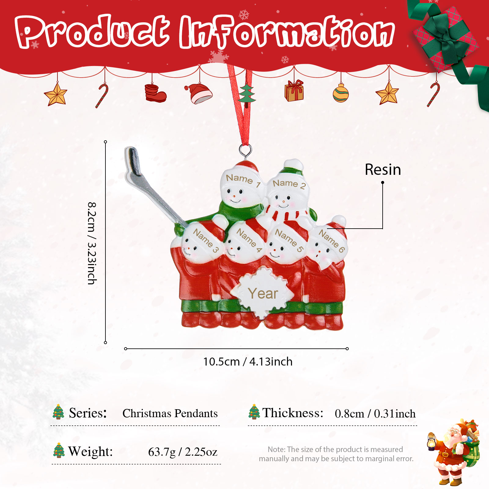 Ornements de Noël en Résine Bonhomme de Neige 6 Prénoms Personnalisés avec Année