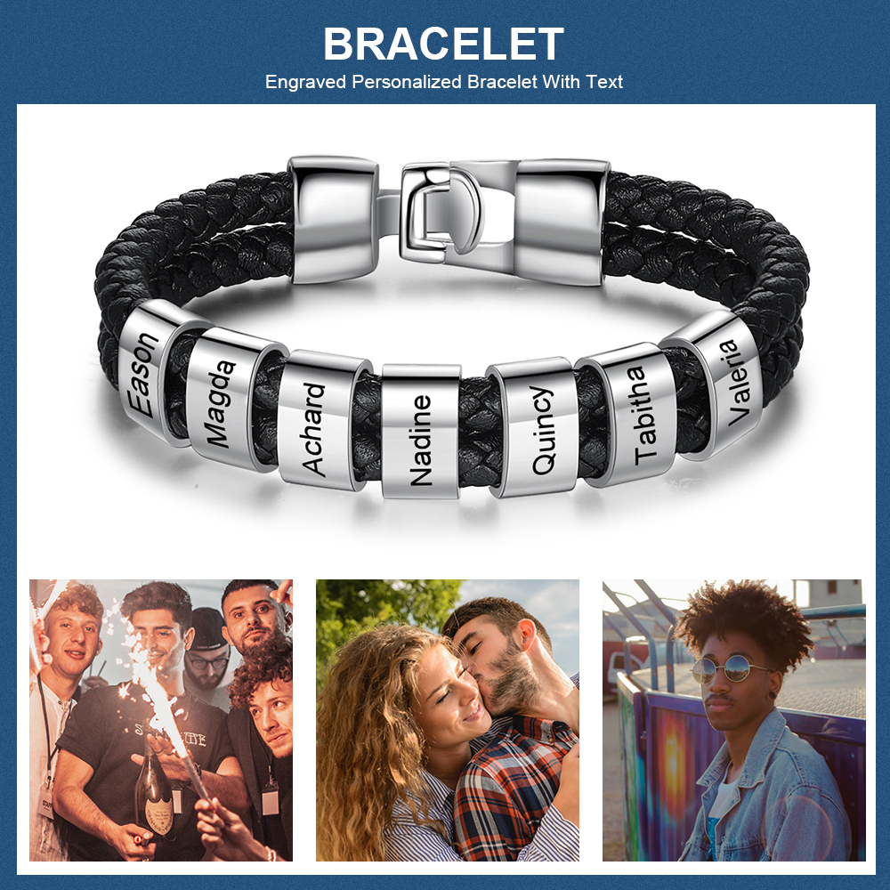 Bracelet Cuir tressé 7 Perles Prénom Personnalisé Homme