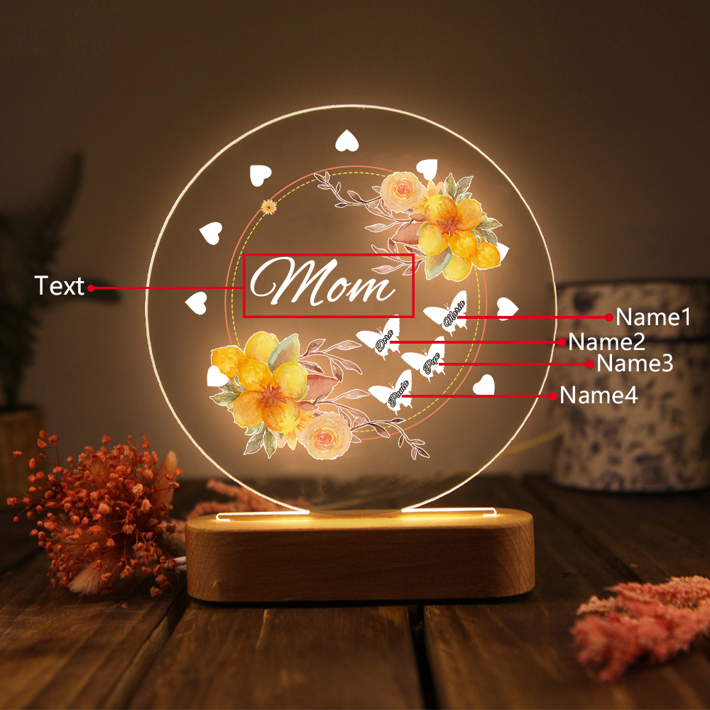 À Maman/Mamie - Lampe de chevet LED Fleurs et Papillons 4 Prénoms Personnalisés avec 1 Texte