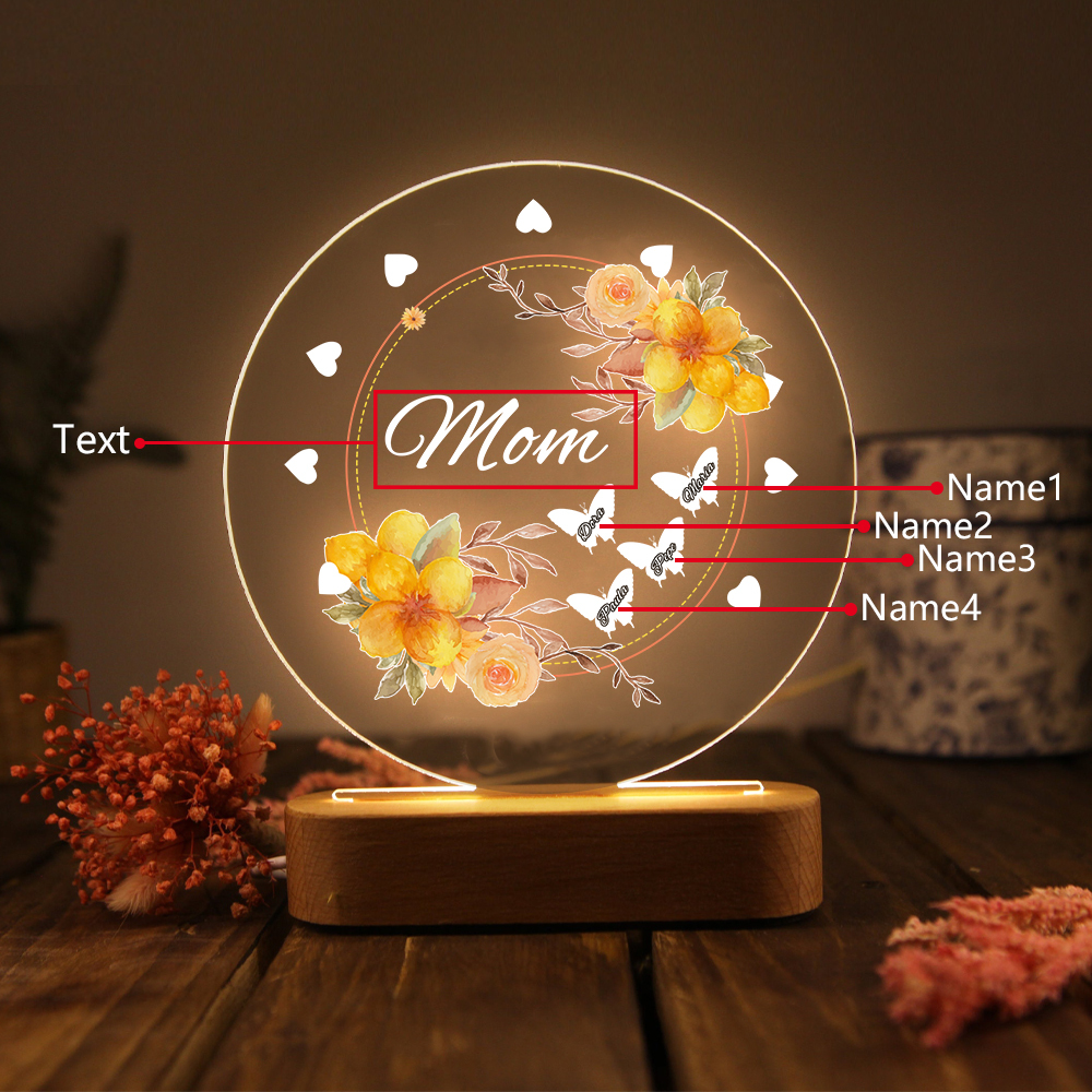 À Maman/Mamie - Lampe de chevet LED Fleurs et Papillons 4 Prénoms Personnalisés avec 1 Texte