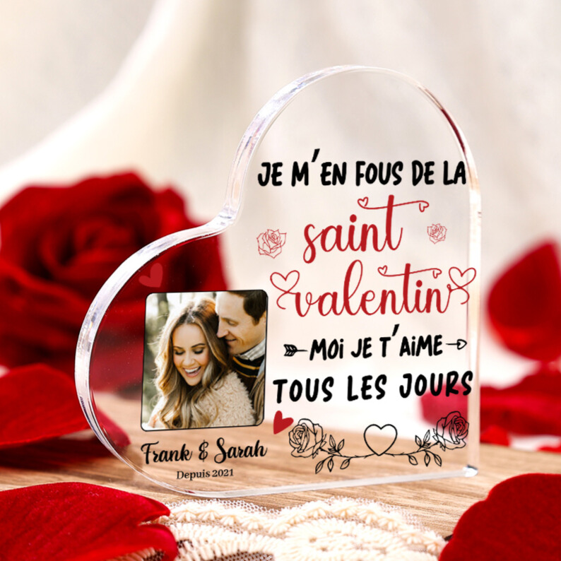 Plaque Acrylique en Forme de Cœur 2 Prénoms Personnalisés avec Photo et Date cadeau pour Saint Valentin