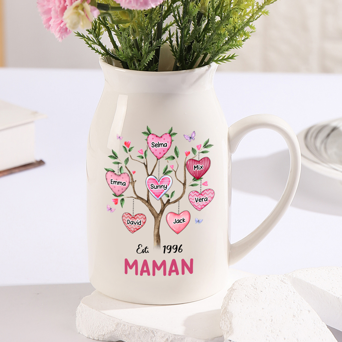 Vase à Fleurs Arbre 7 Prénoms Personnalisés avec Texte et Année Décoration de la Maison