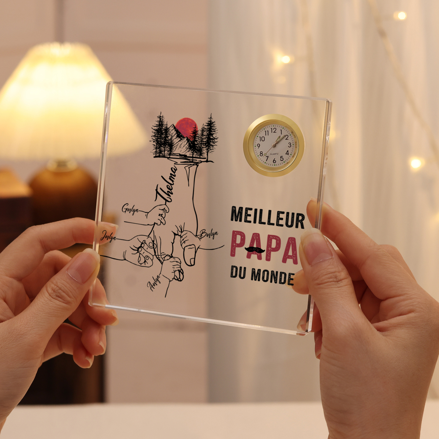 À mon Papa - Plaque Acrylique Carré avec Horloge la main dans la main 5 Prénoms Personnalisés