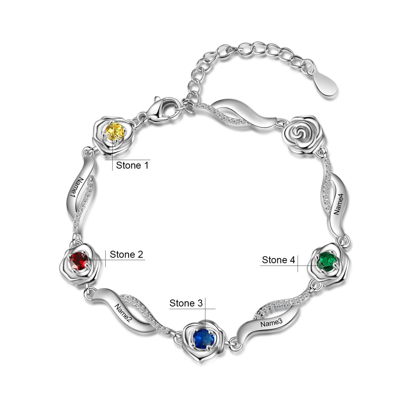 Bracelet Roses 4 Prénom Personnalisé avec 4 Pierre de Naissance
