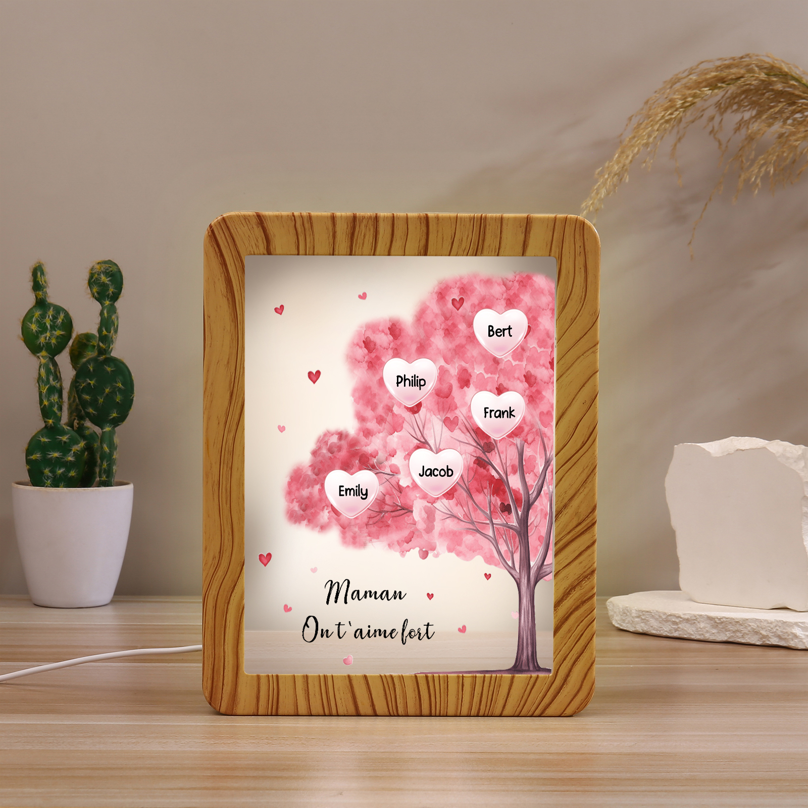Cadre Photo/Miroir LED Multifonctionnel Arbre 5 Prénoms Personnalisés avec Texte pour Famille