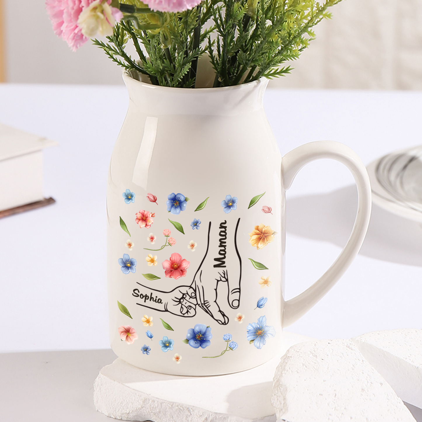 Vase à Fleurs la main dans la main 2 Prénoms Personnalisés Décoration de la Maison