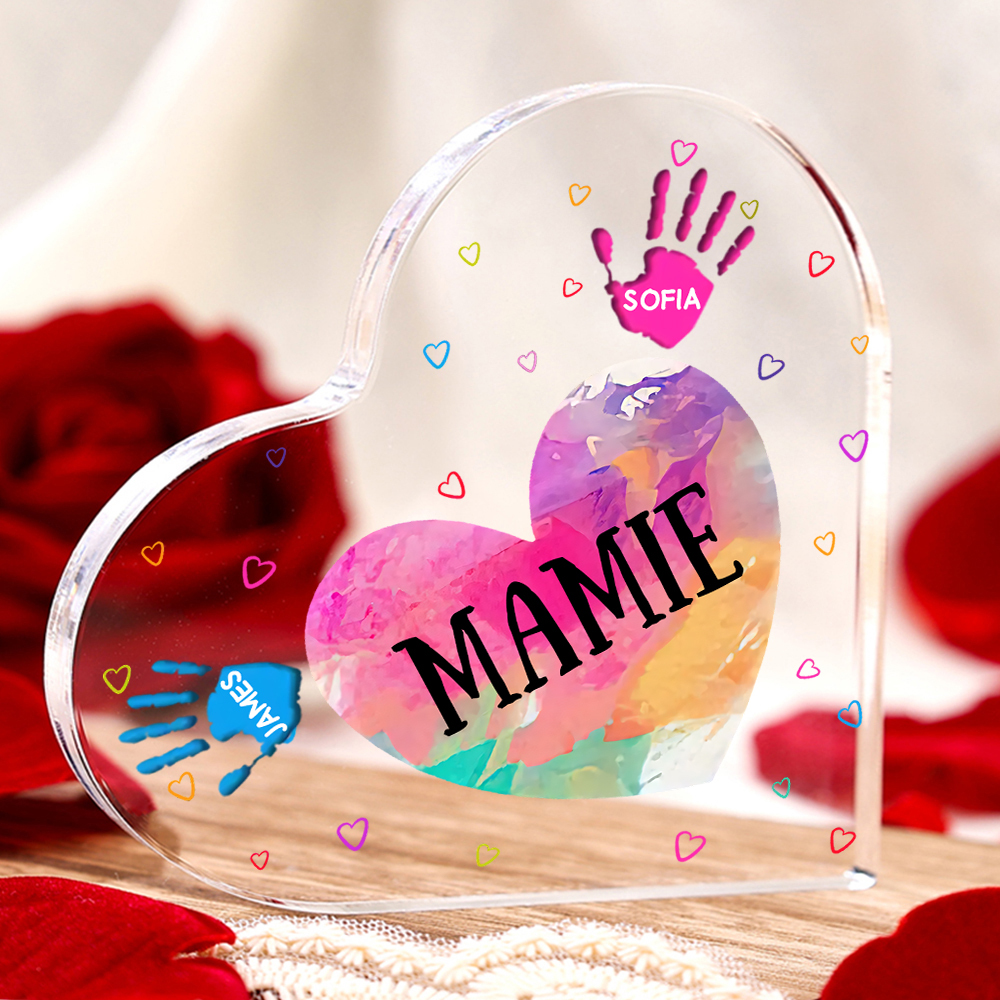 À ma Maman/Mamie - Plaque Acrylique Mains et Enfants en Forme de Cœur 3 Prénoms Personnalisés