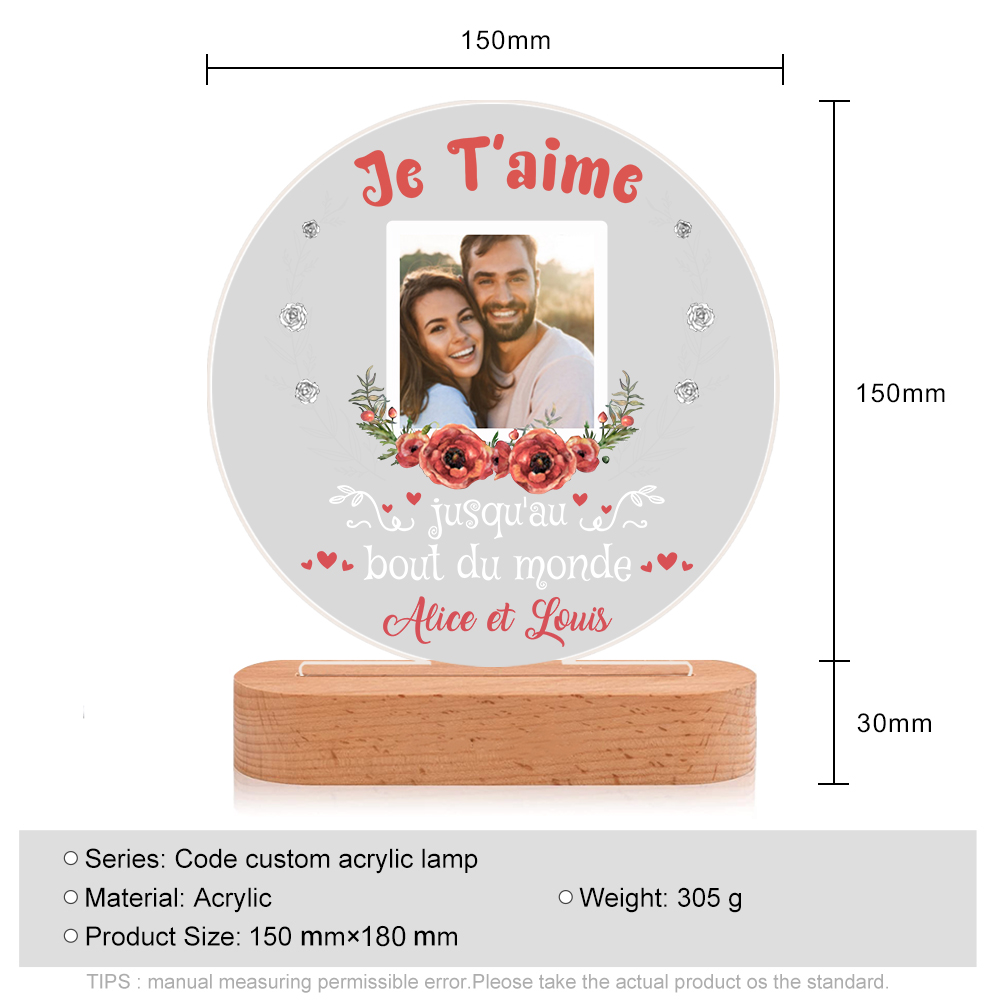 Lampe de chevet Couple LED Lumières 2 Prénoms et 1 Photo Personnalisés