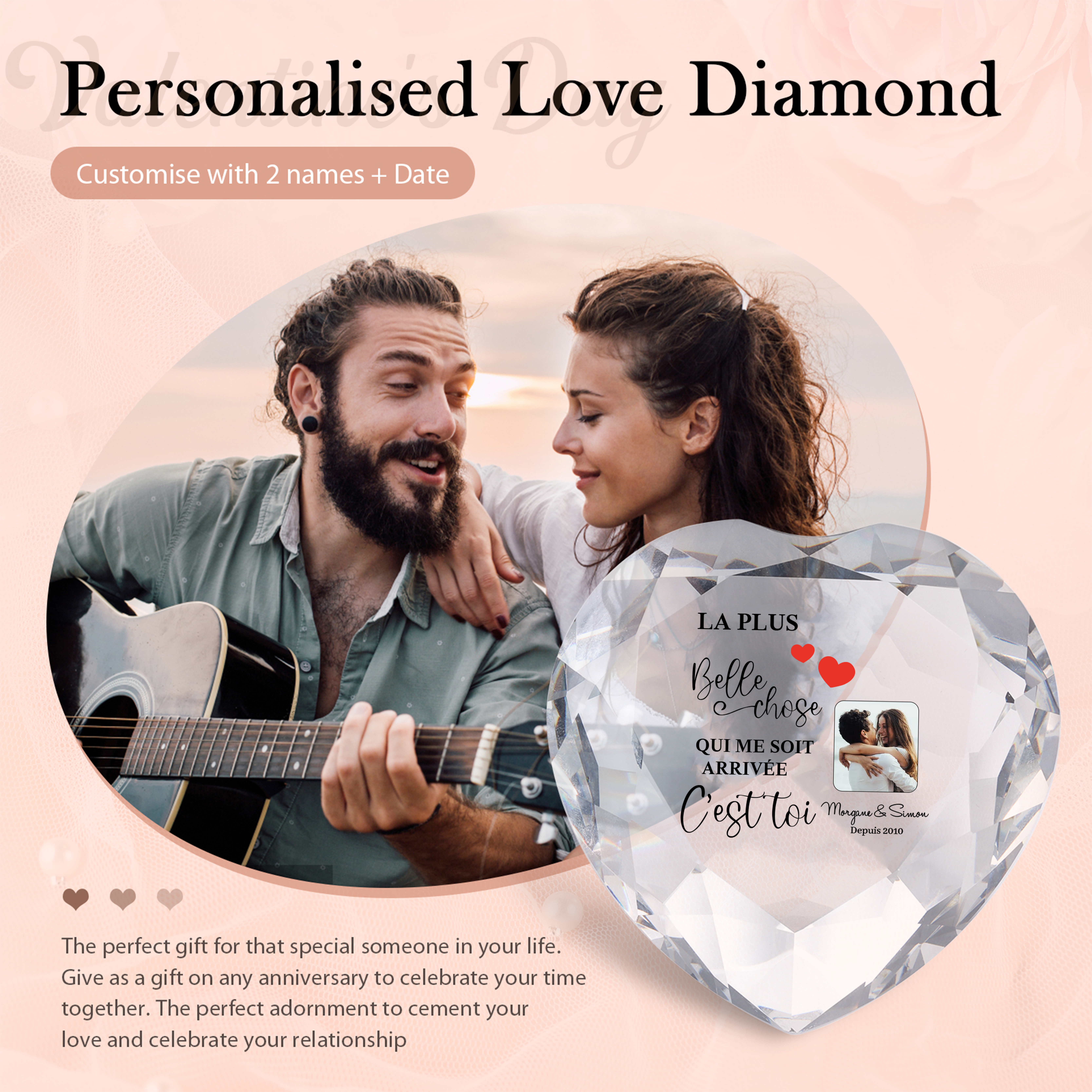 Décoration Cristal Cœur 2 Prénoms et 1 Photo Personnalisés avec Date pour Couple
