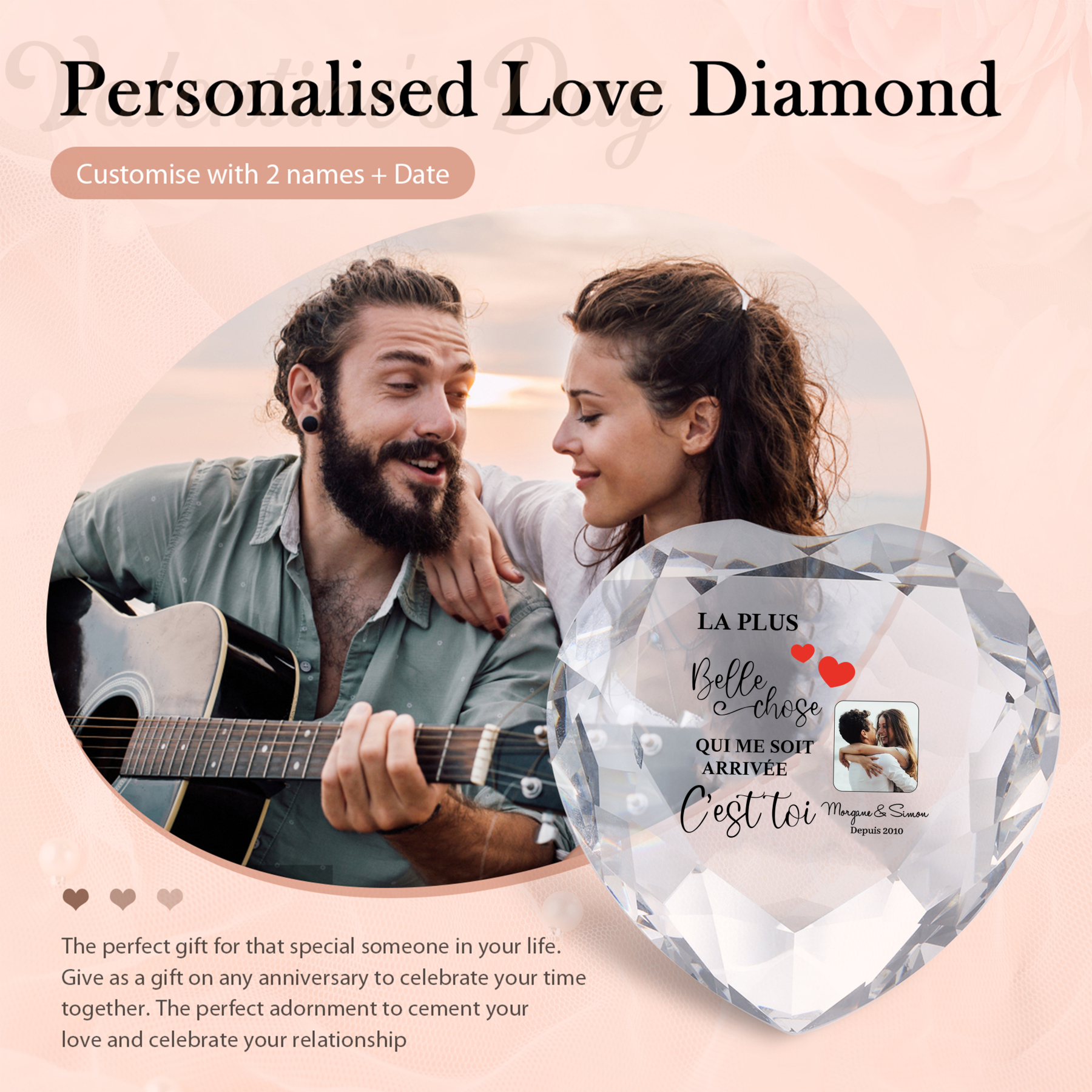 Décoration Cristal Cœur 2 Prénoms et 1 Photo Personnalisés avec Date pour Couple