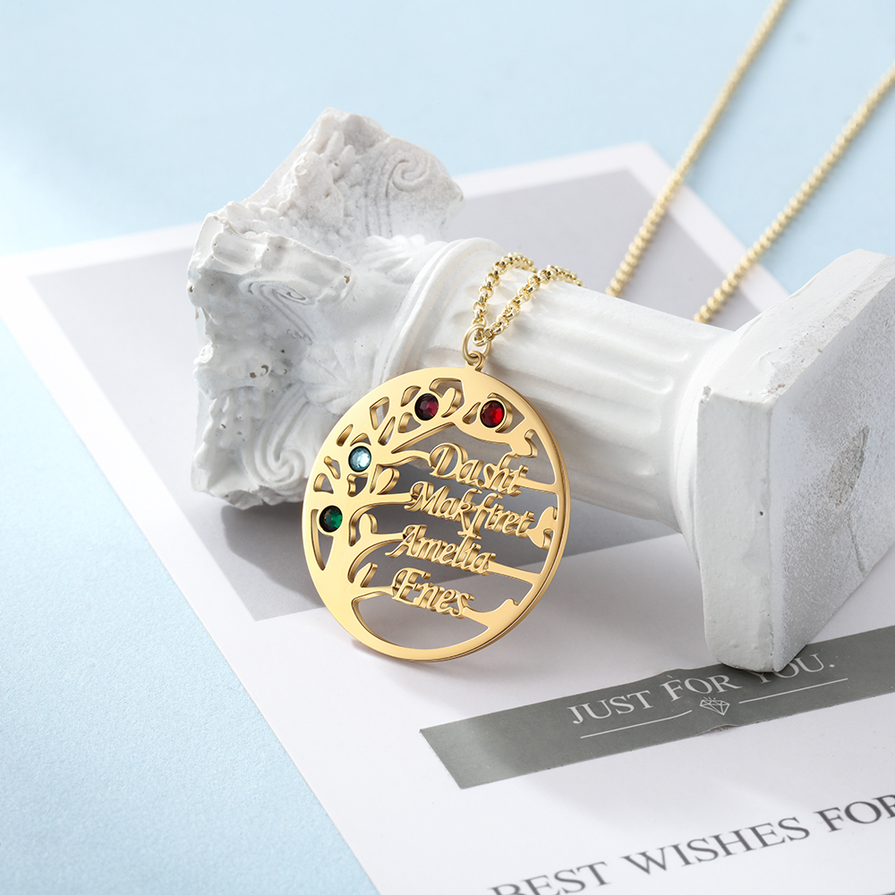 Collier Argent Arbre de vie Arbre généalogique 4 prenoms Avec Pierre De Naissance