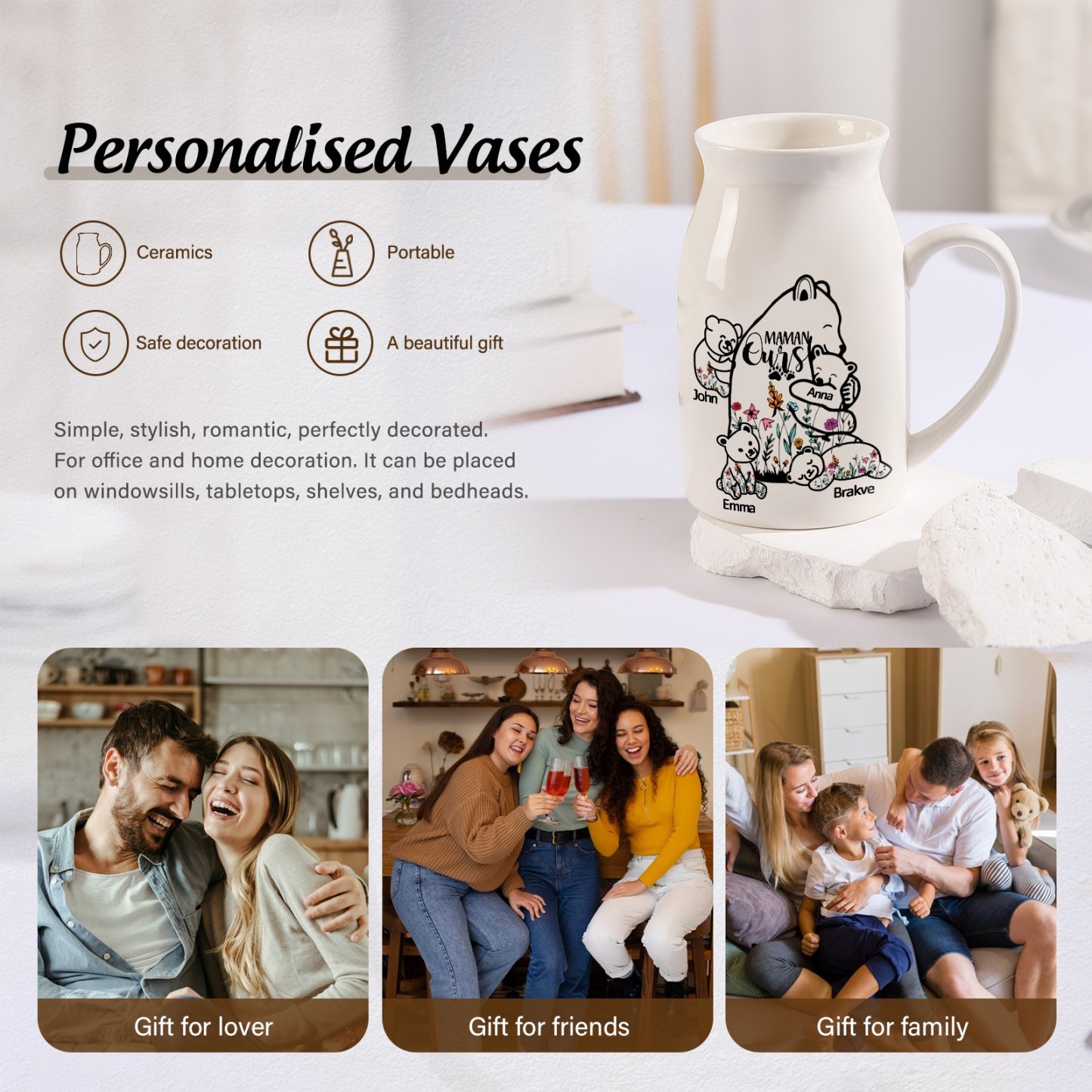 Vase à Fleurs Ours 4 Prénoms Personnalisés avec Texte Décoration de la Maison