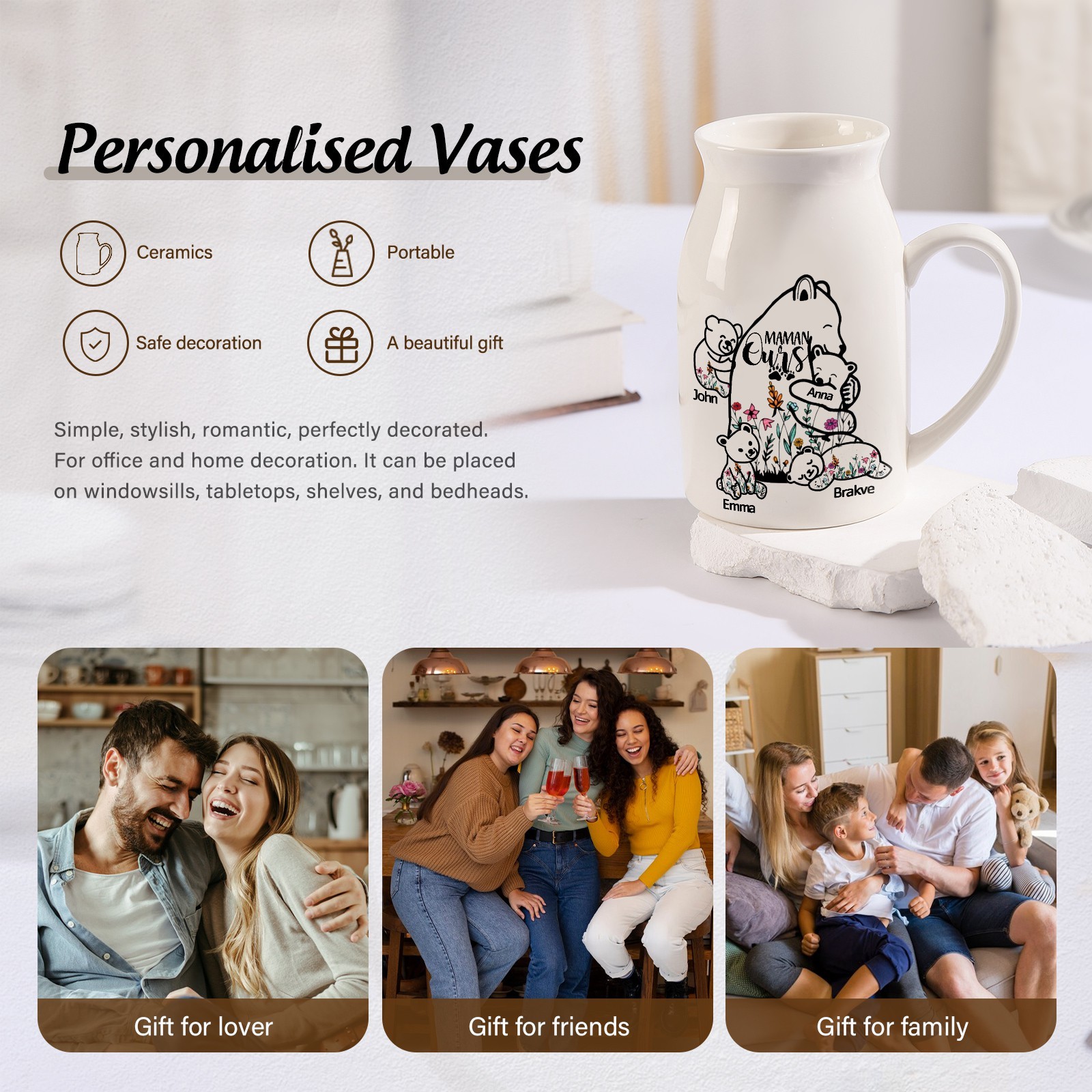 Vase à Fleurs Ours 4 Prénoms Personnalisés avec Texte Décoration de la Maison