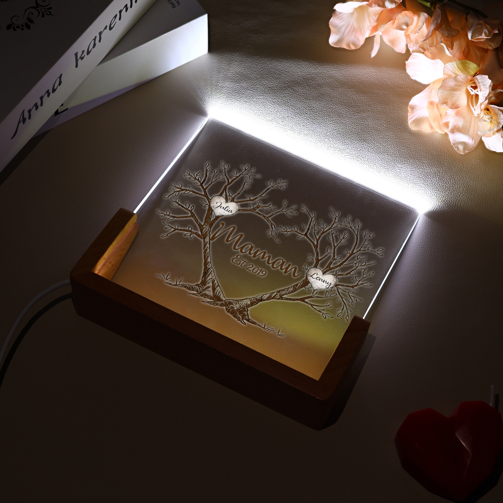 À Maman/Mamie - Lampe de chevet LED Arbre de Vie 2 Prénoms Personnalisés avec Texte et Date pour Famille