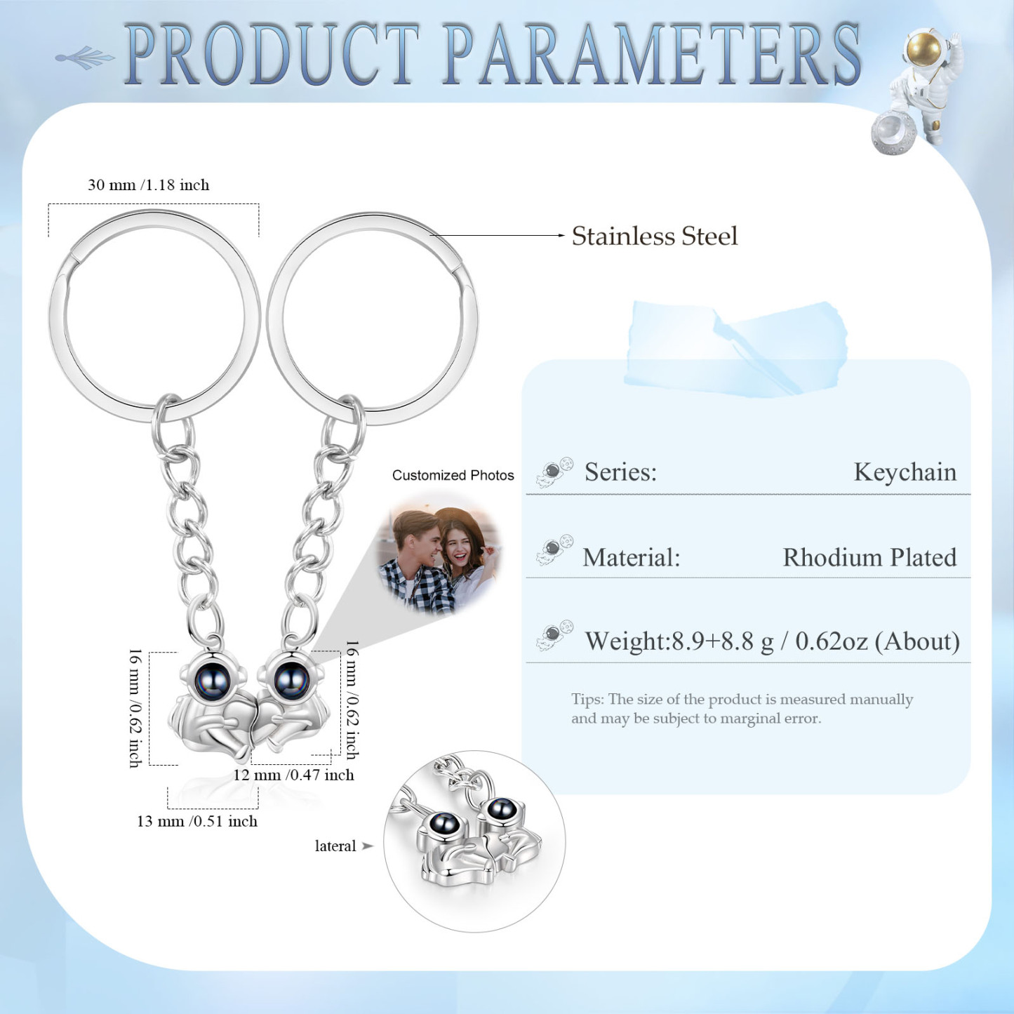 Porte-Clés Projection de Pierres 1 Photo Personnalisée Porte-Clés Astronaute magnétique pour Couple
