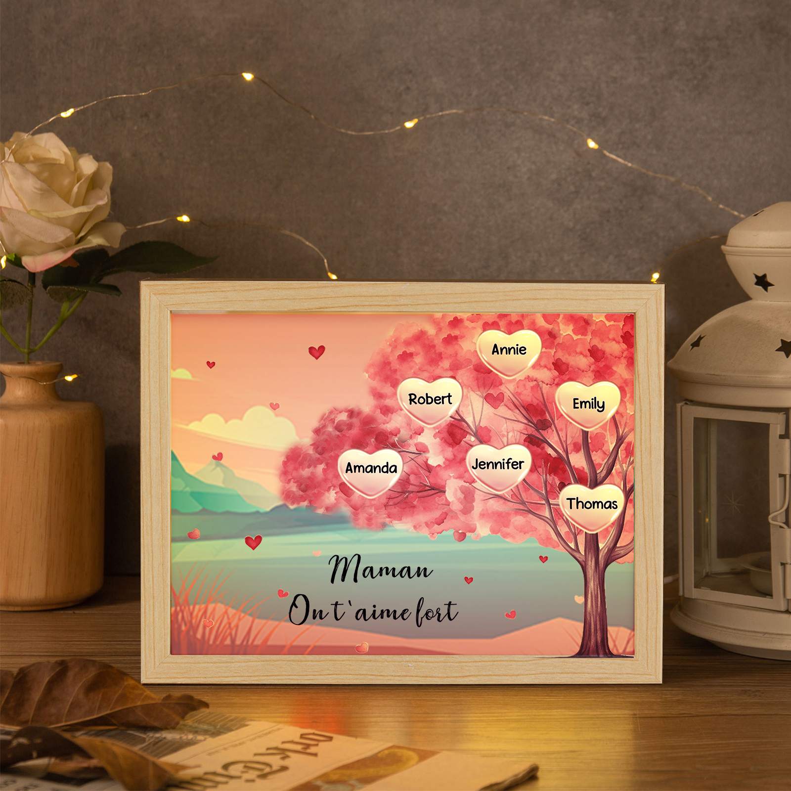 Cadre Photo LED Arbre 6 Prénoms Personnalisés avec 1 Texte Décoration Famille